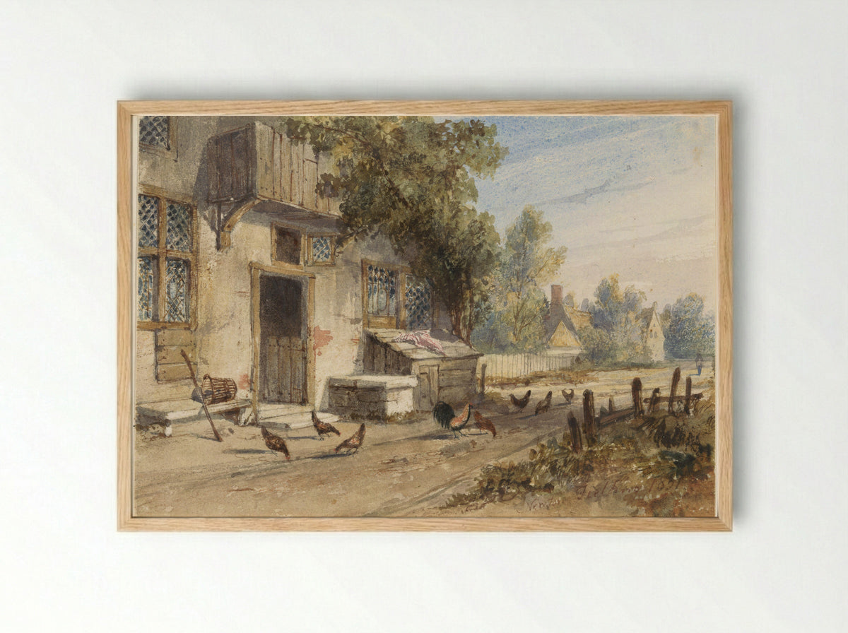 Farmhouse with Chickens on a Country Road - Newton Smith Limbird Fielding - Framed Print Wood