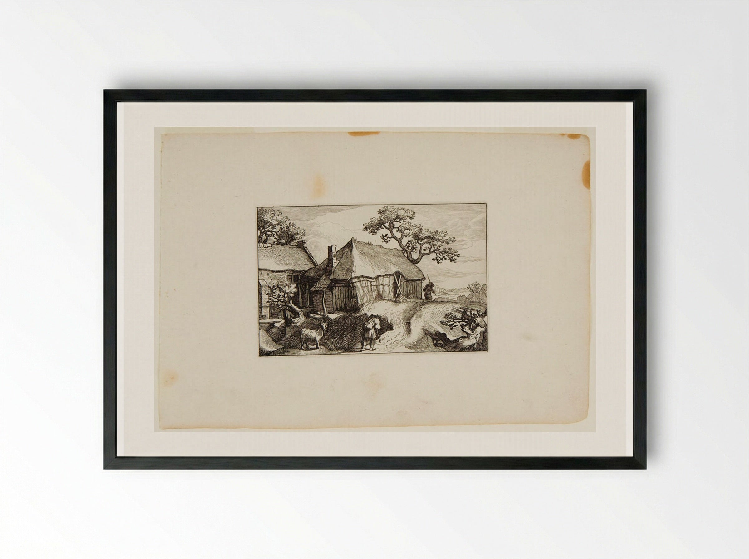 Farmhouse with Travelers and Goat in Foreground - Claes Jansz. Visscher - Framed Print Black