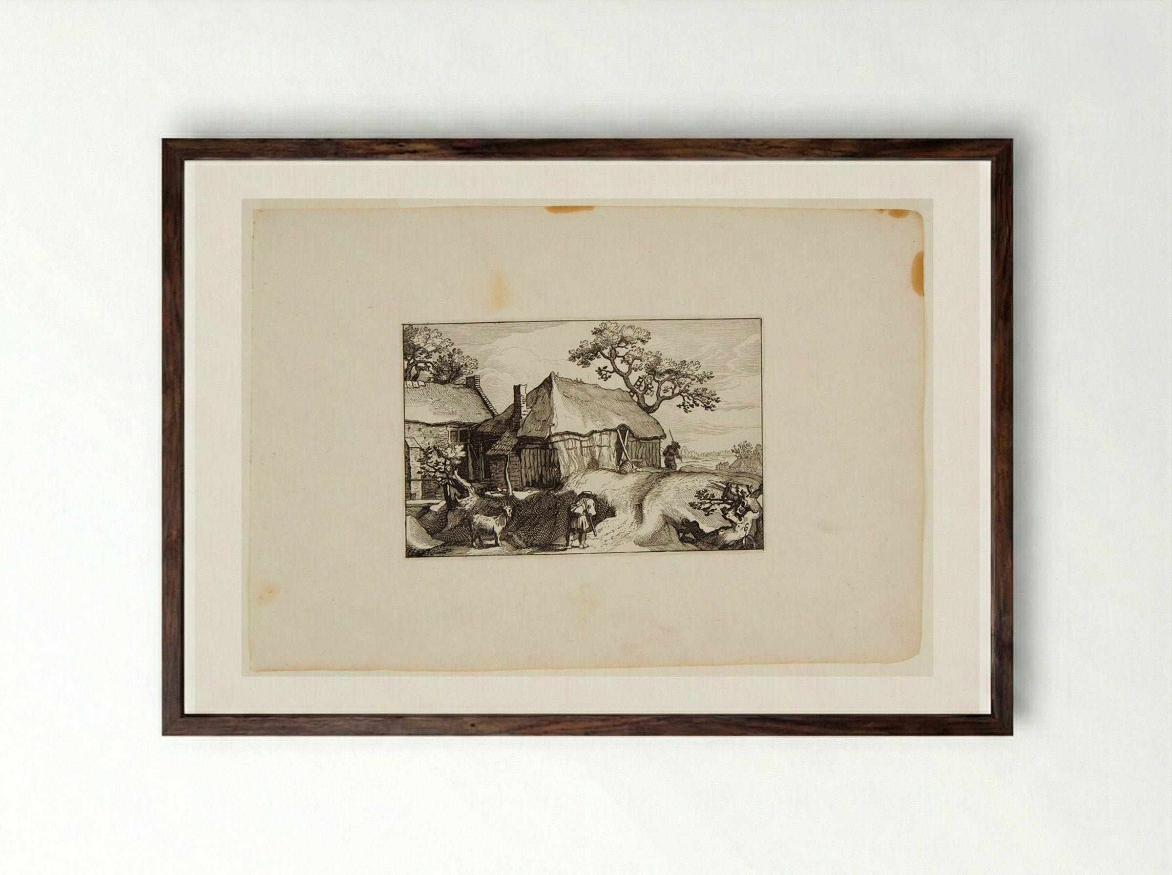 Farmhouse with Travelers and Goat in Foreground - Claes Jansz. Visscher - Framed Print Dark Wood