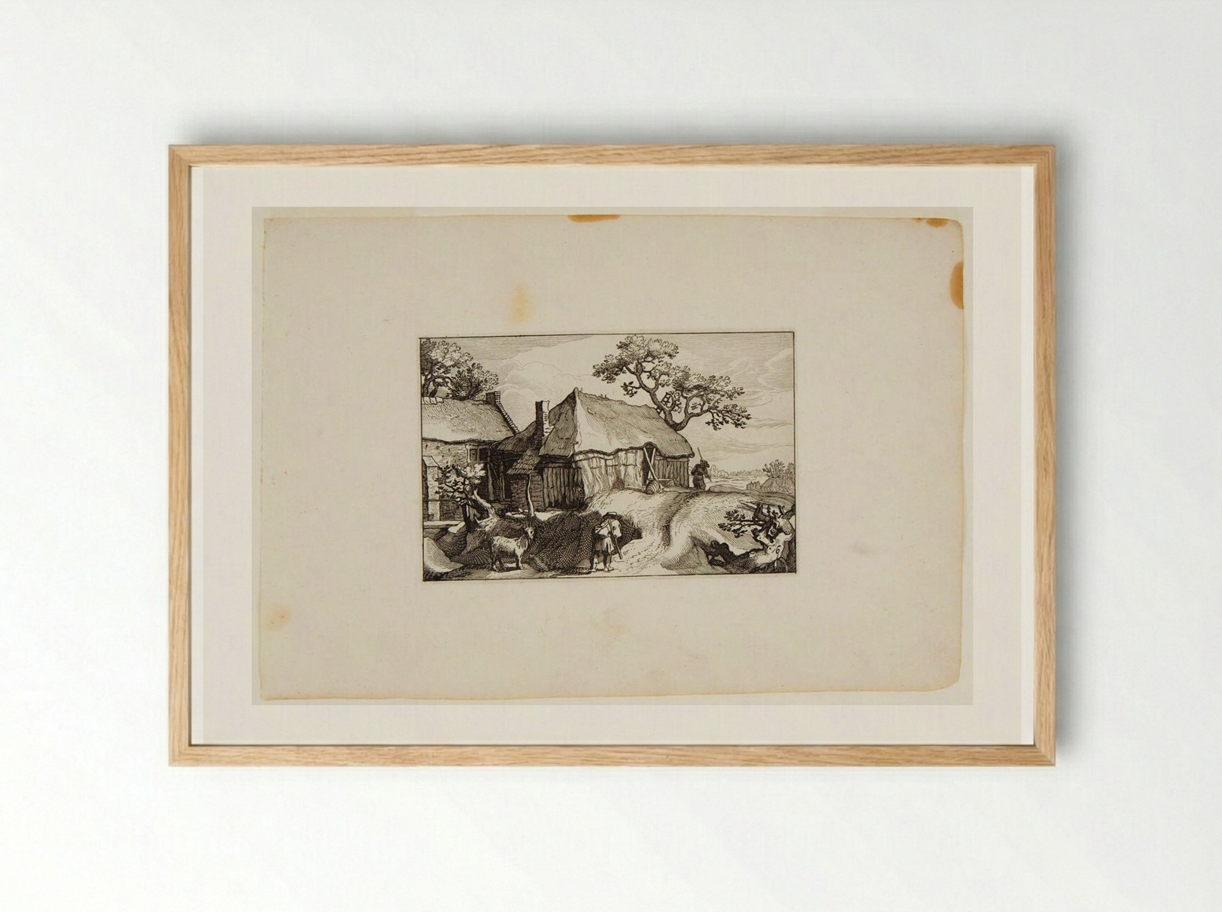Farmhouse with Travelers and Goat in Foreground - Claes Jansz. Visscher - Framed Print Wood