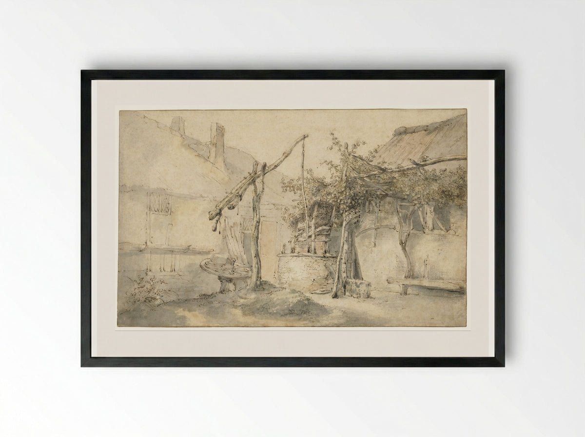 Farmhouse with a Well - Cornelis Dusart - Framed Print Black