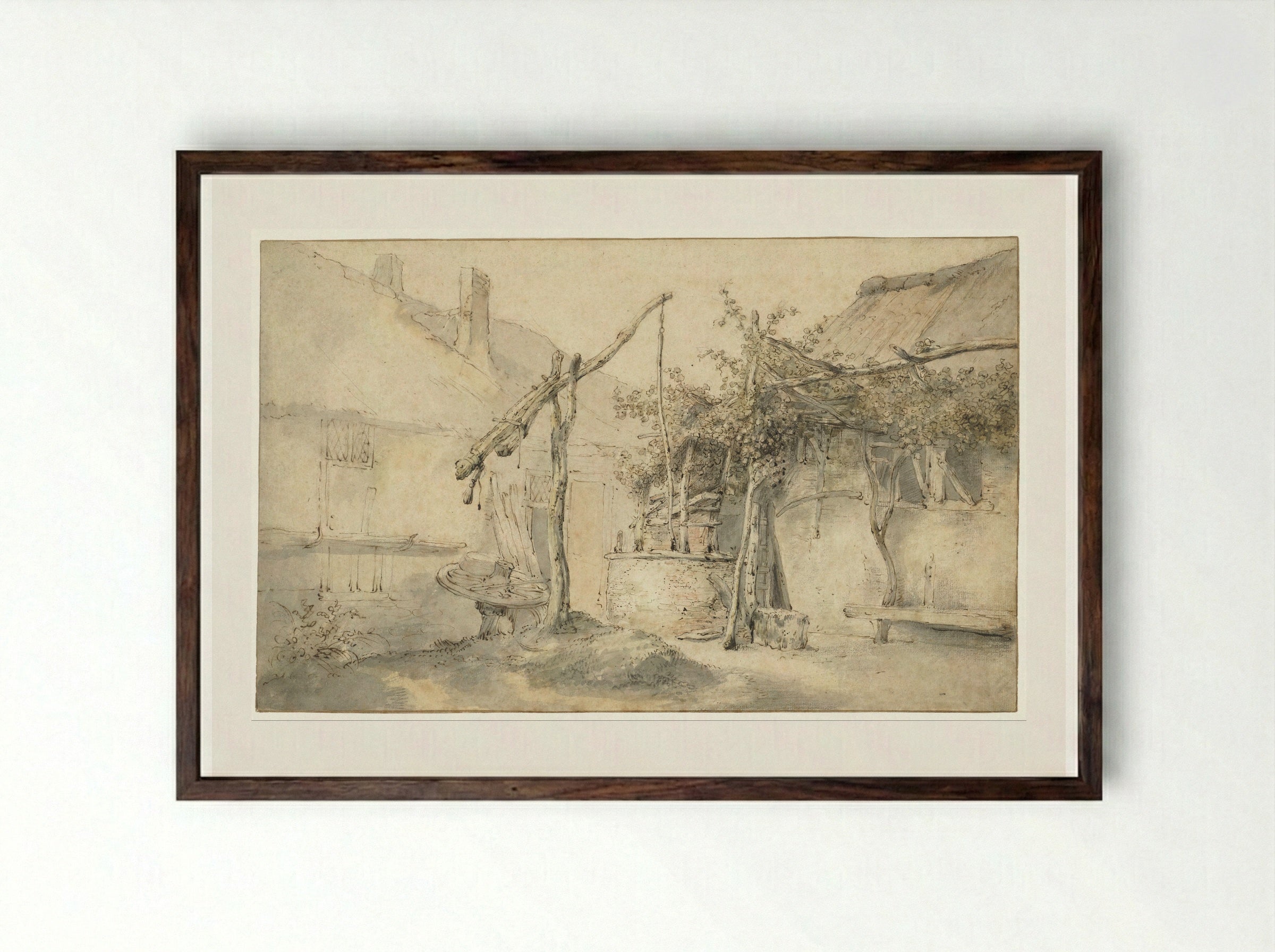 Farmhouse with a Well - Cornelis Dusart - Framed Print Dark Wood