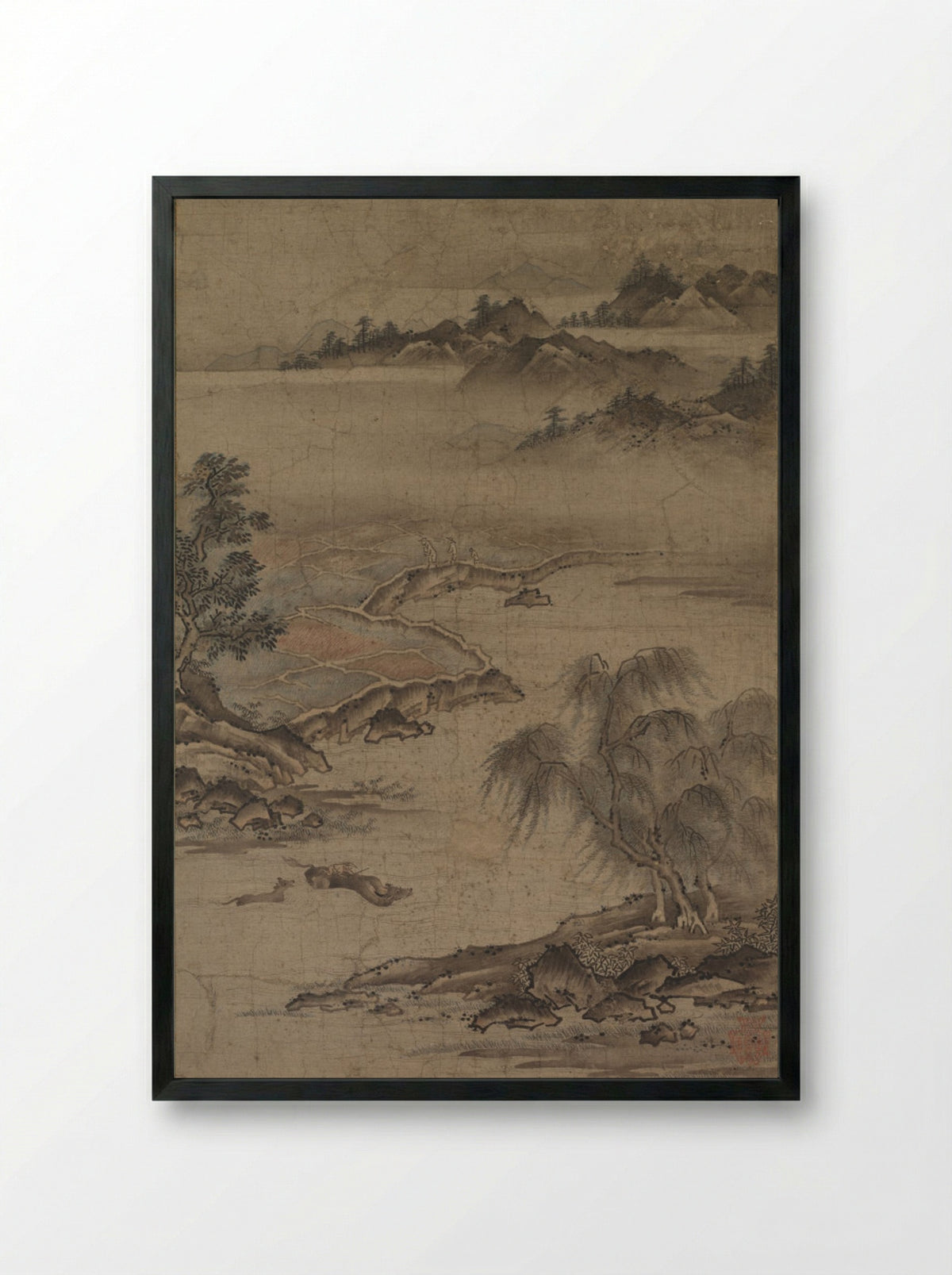 Farming and Herding Buffalo in Summer - Kano Hideyori - Framed Print Black