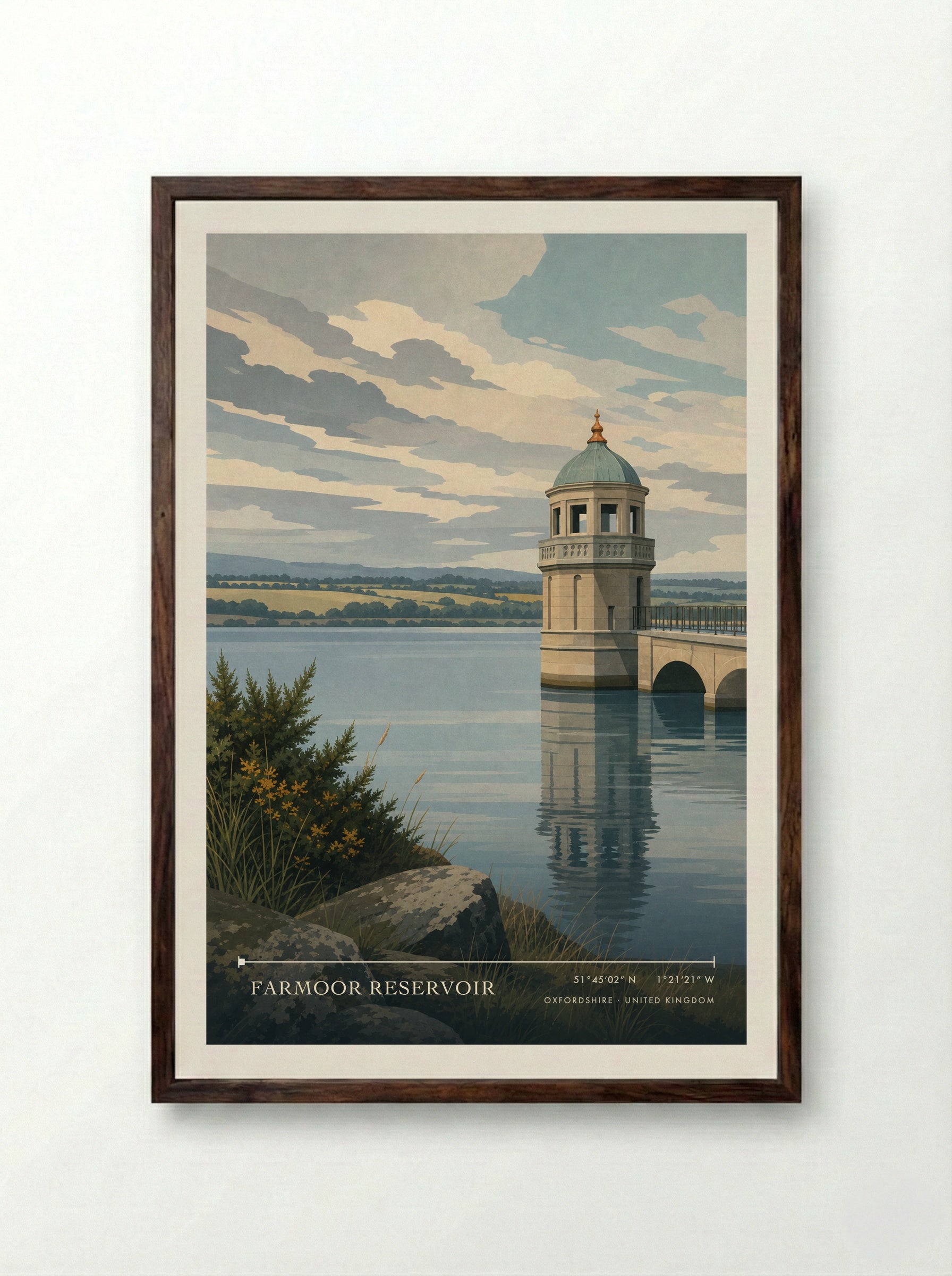 Farmoor Reservoir Oxfordshire United Kingdom Travel Poster - Framed Print Dark Wood