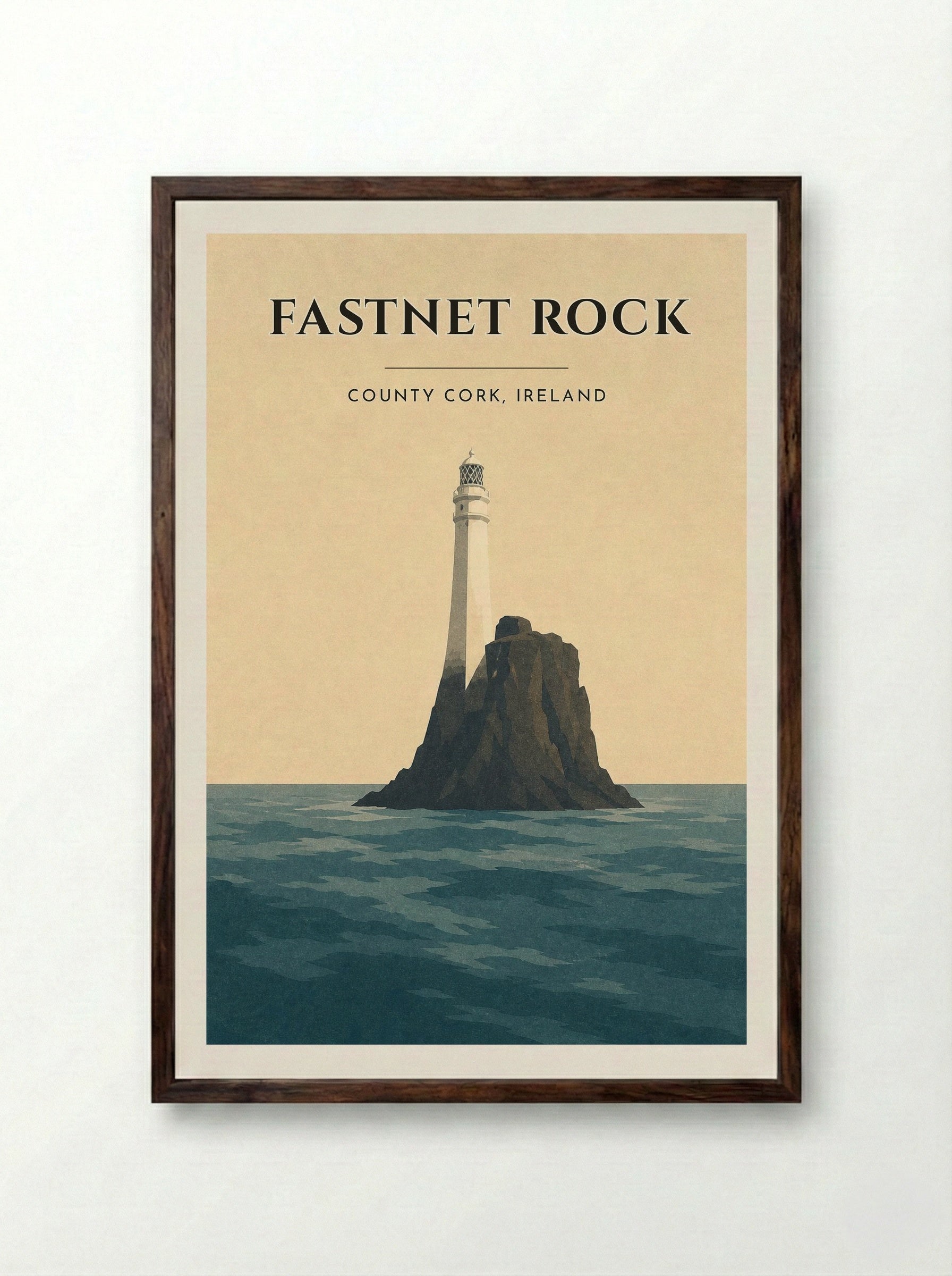 Fastnet Rock Travel Poster Artwork - Framed Print Dark Wood