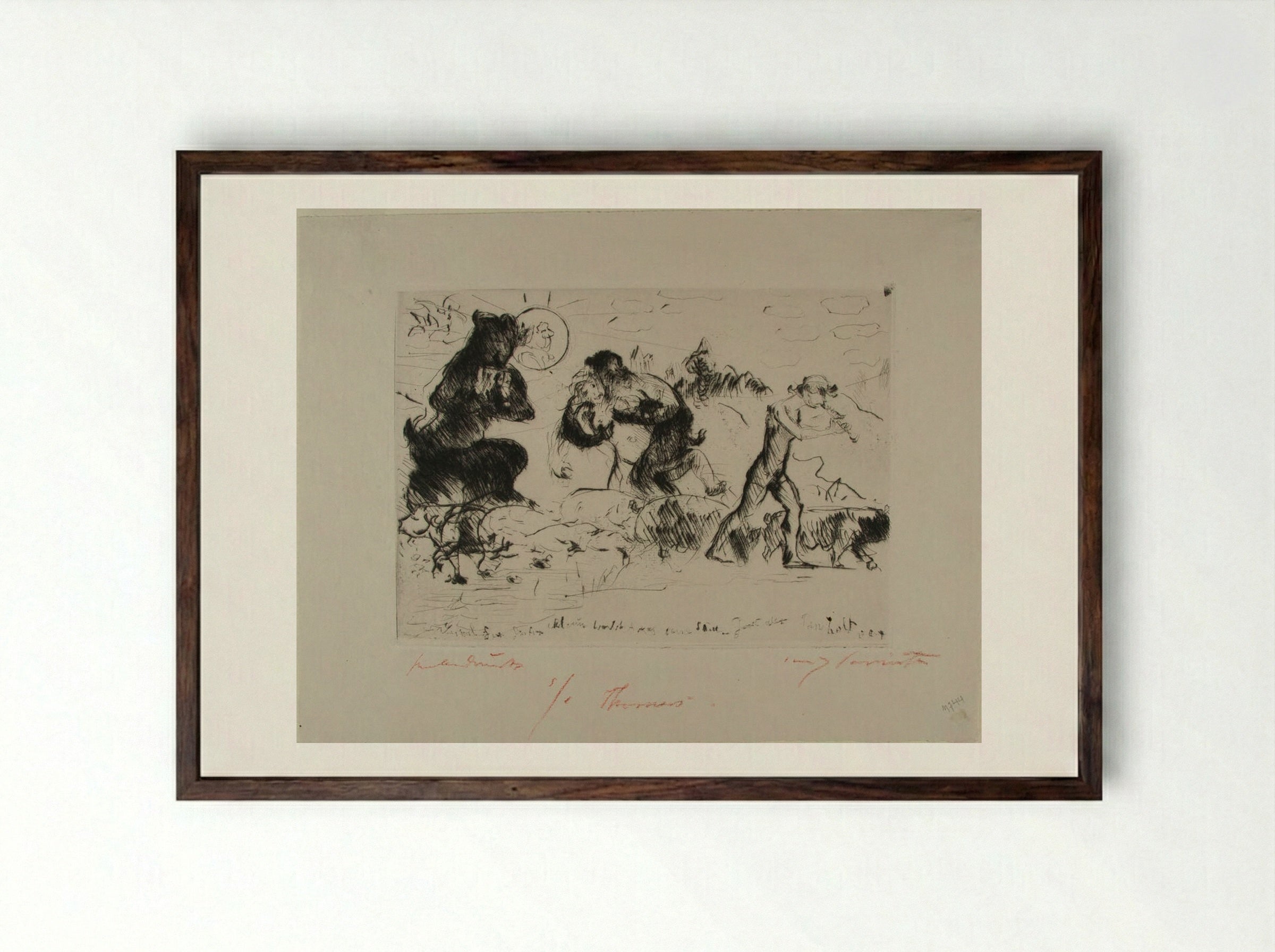 Faun, Nymph and Swineherd - Lovis Corinth - Framed Print Dark Wood