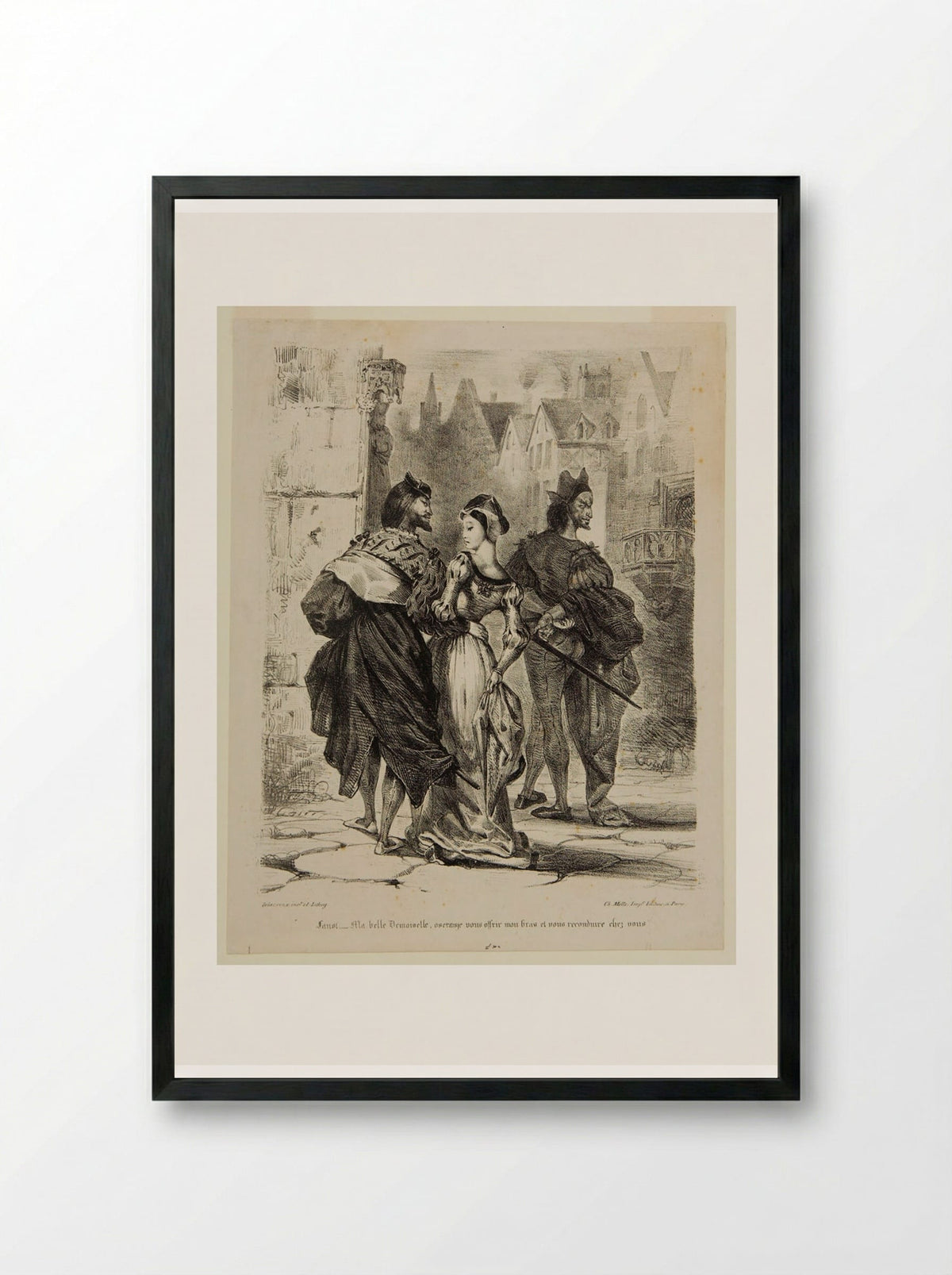Faust Attempting to Seduce Marguerite - Ferdinand-Victor-Eugène Delacroix - Framed Print Black