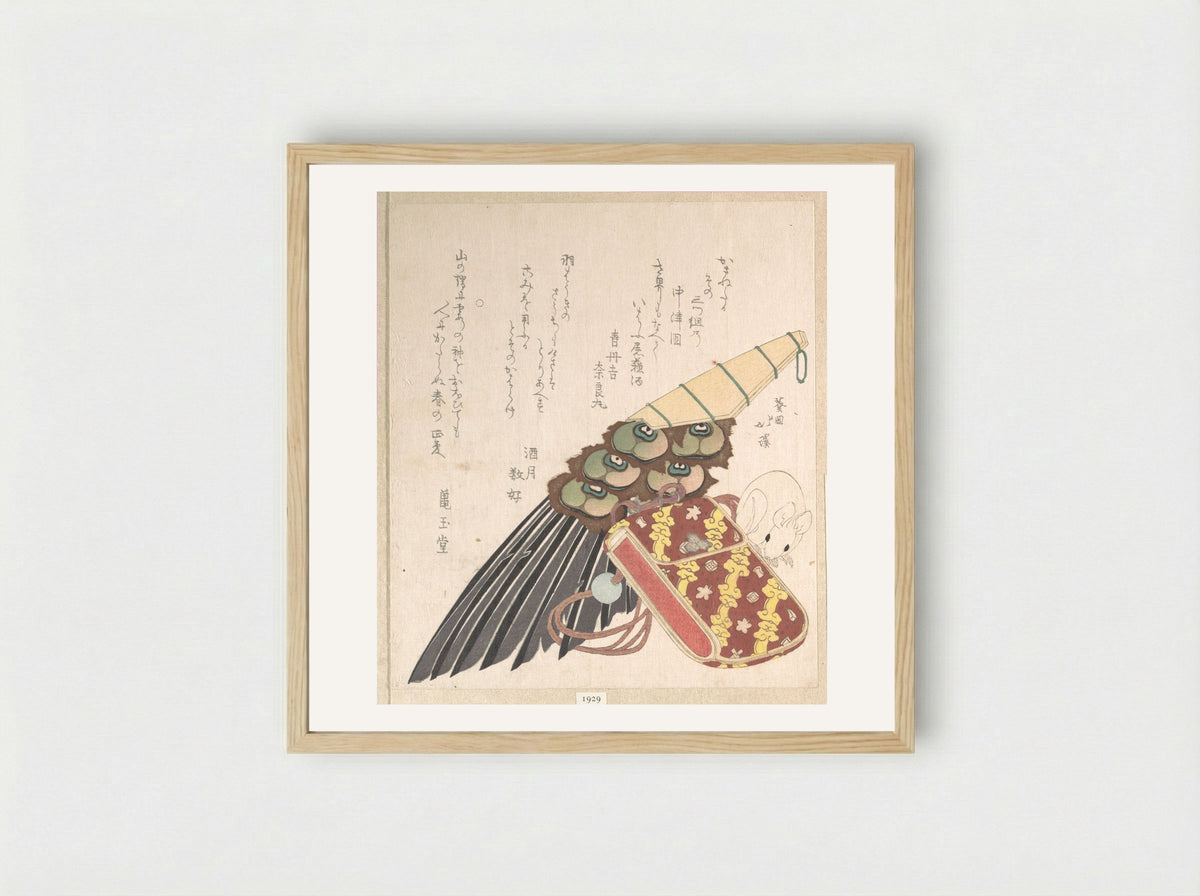 Feather-Brush and Doran with a Netsuke of a Rat - Totoya Hokkei - Framed Print Wood
