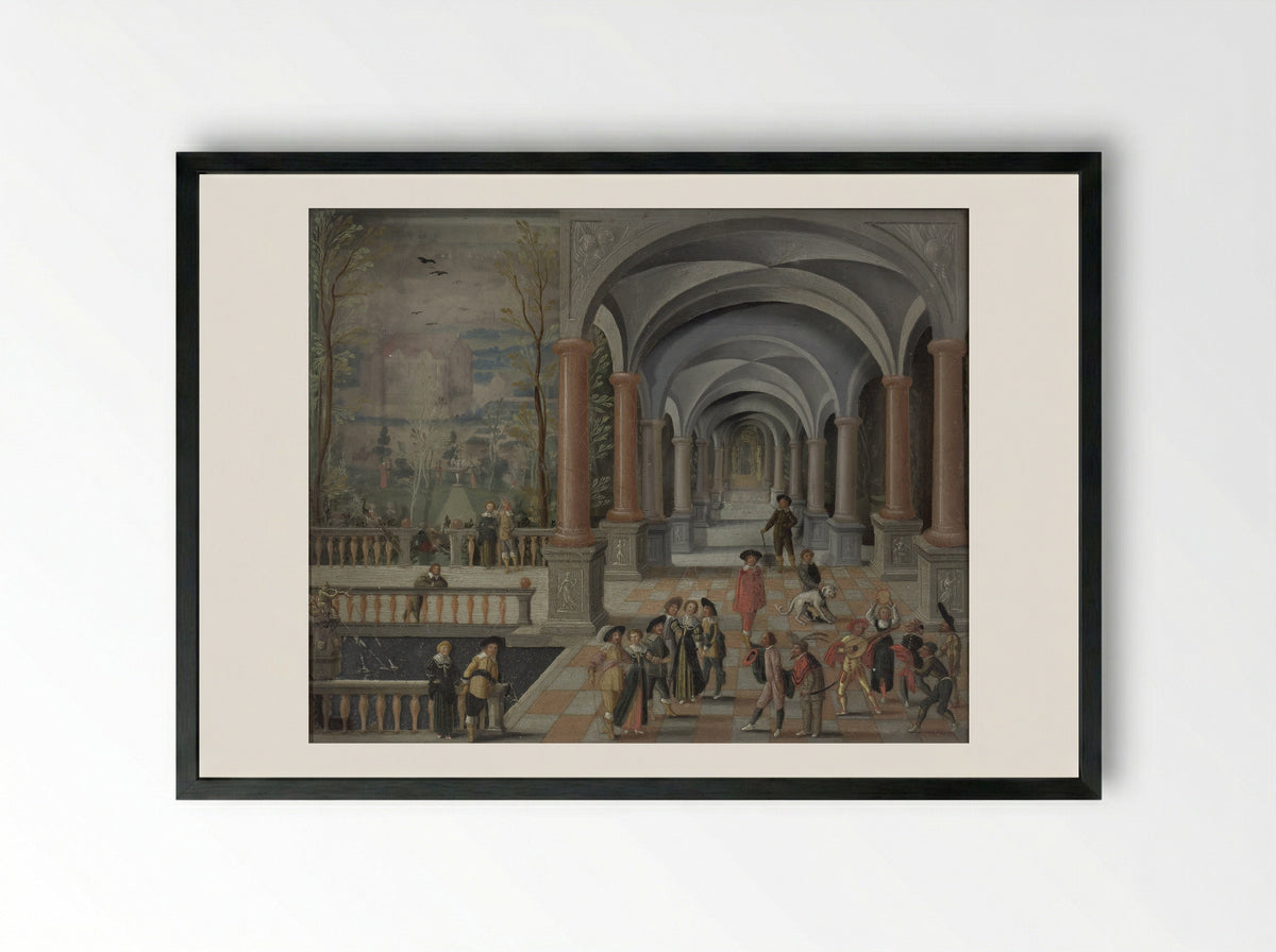 Feestvierend gezelschap en figuren uit de Commedia dell'Arte in een galerij - Monogrammist DB - Framed Print Black