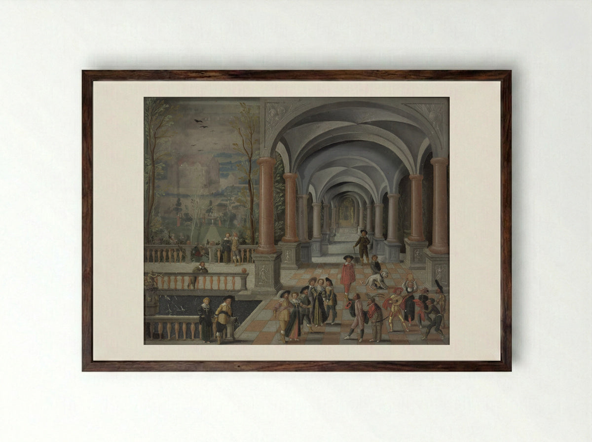 Feestvierend gezelschap en figuren uit de Commedia dell'Arte in een galerij - Monogrammist DB - Framed Print Dark Wood