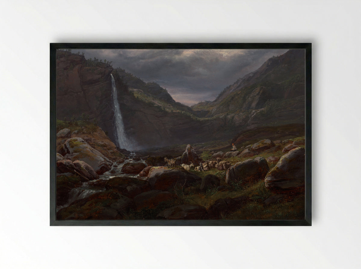 Feige Waterfall (Feigefossen), Lysterfjord, Norway - Johan Christian Clausen Dahl - Framed Print Black