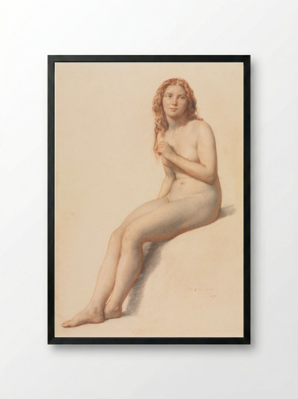 Female Nude, Seated, Three Quarter View from Front - William Mulready - Framed Print Black