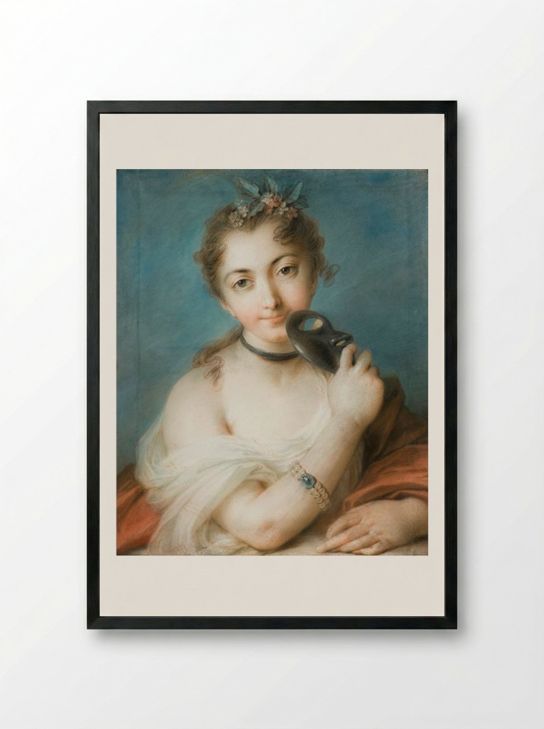 Female Portrait with Mask - Rosalba Carriera - Framed Print Black