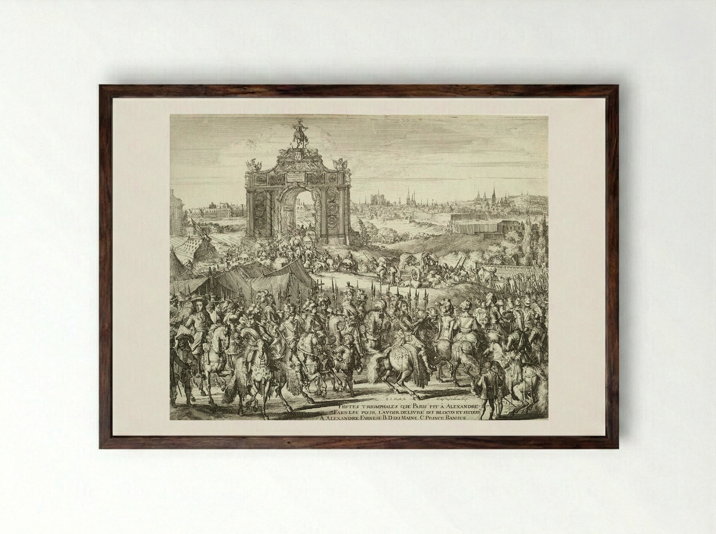 Festes triomphales que Paris fit à Alexandre Farnese - Romeyn de Hooghe - Framed Print Dark Wood