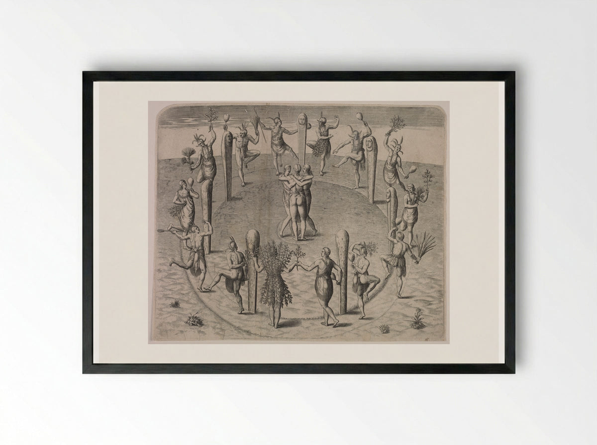 Festival Dance of the Virginians - Theodor de Bry - Framed Print Black