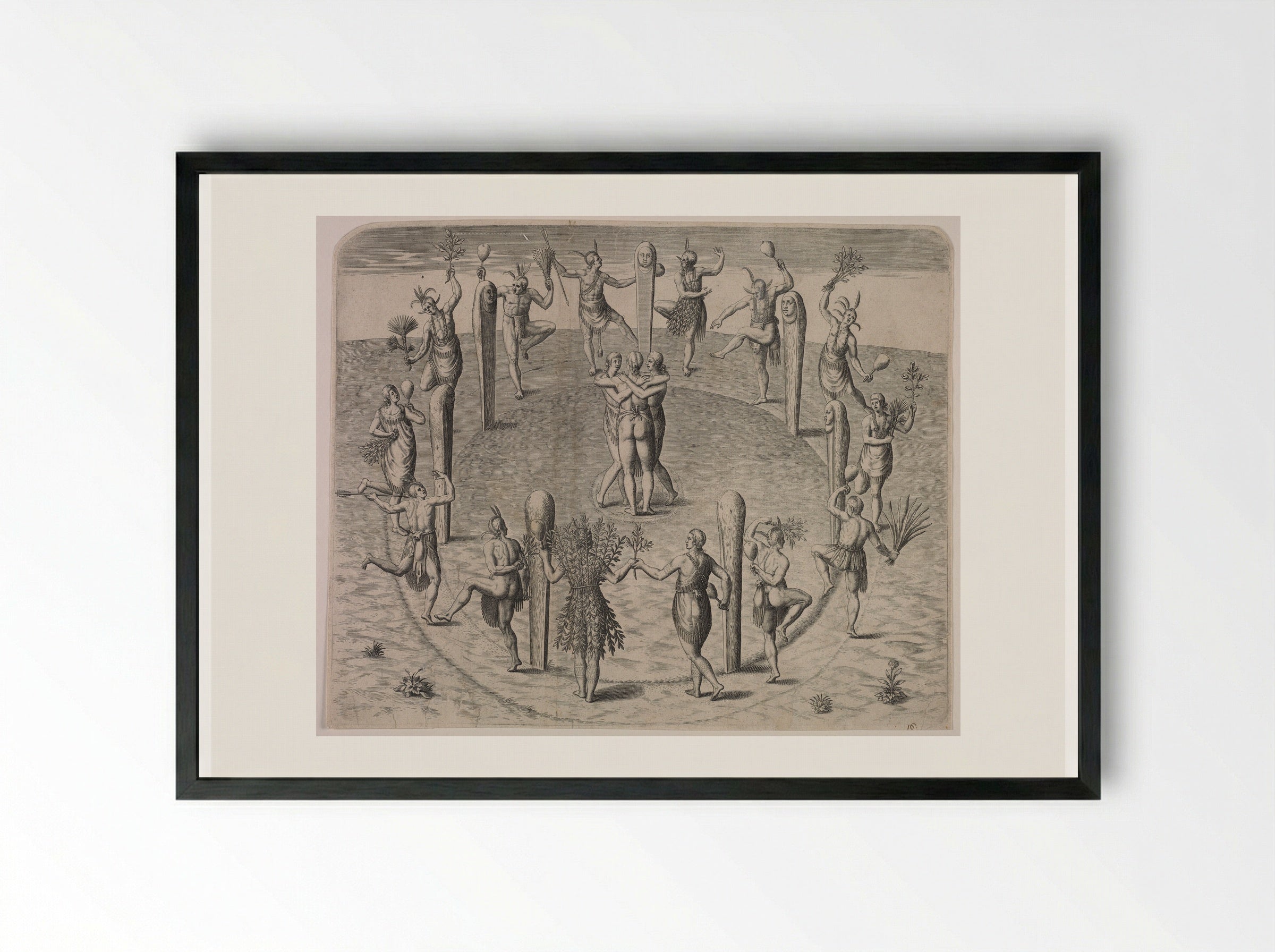 Festival Dance of the Virginians - Theodor de Bry - Framed Print Black