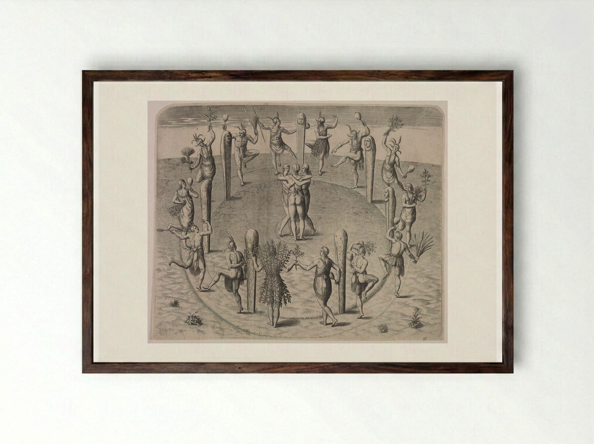 Festival Dance of the Virginians - Theodor de Bry - Framed Print Dark Wood