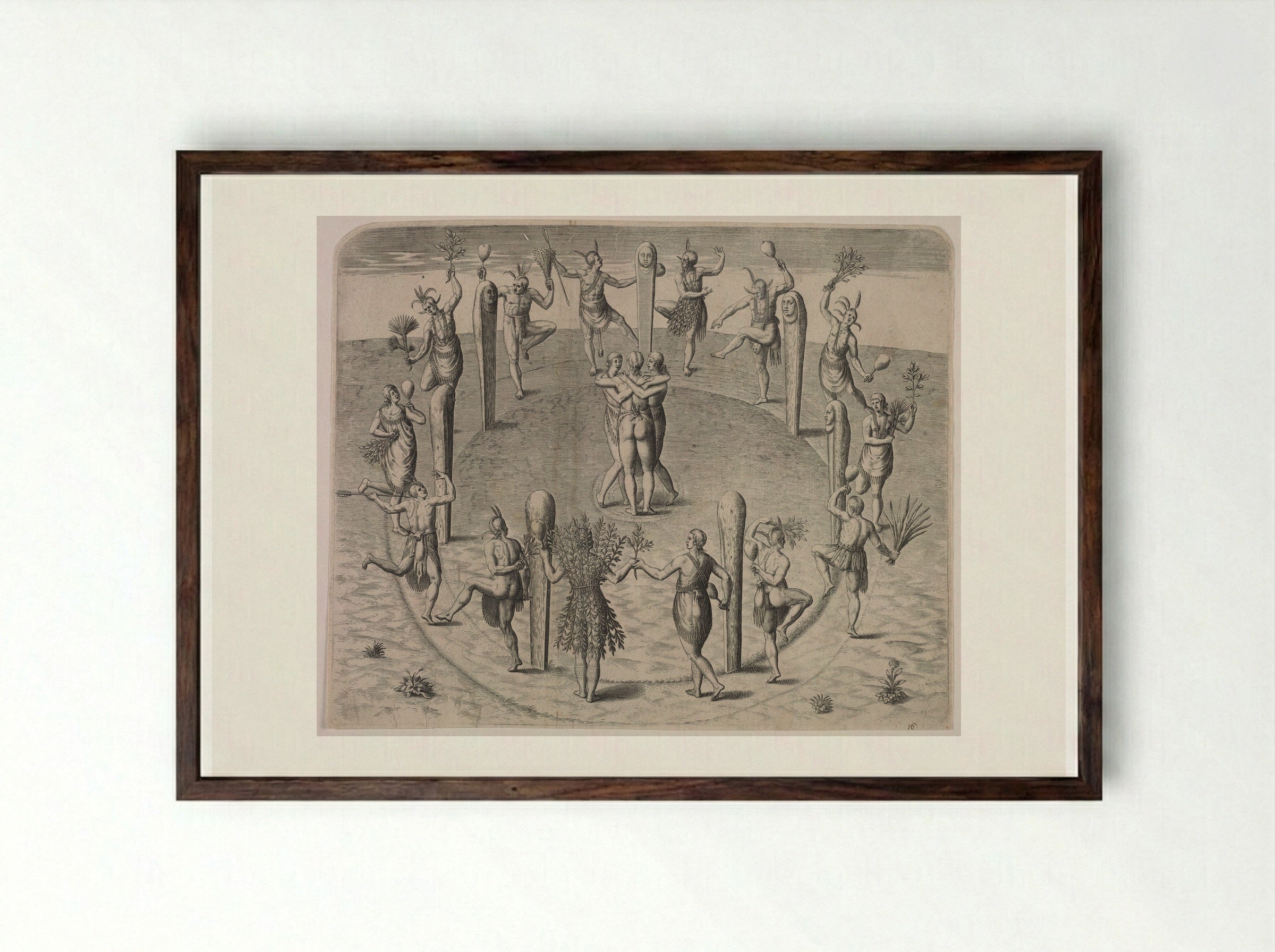 Festival Dance of the Virginians - Theodor de Bry - Framed Print Dark Wood