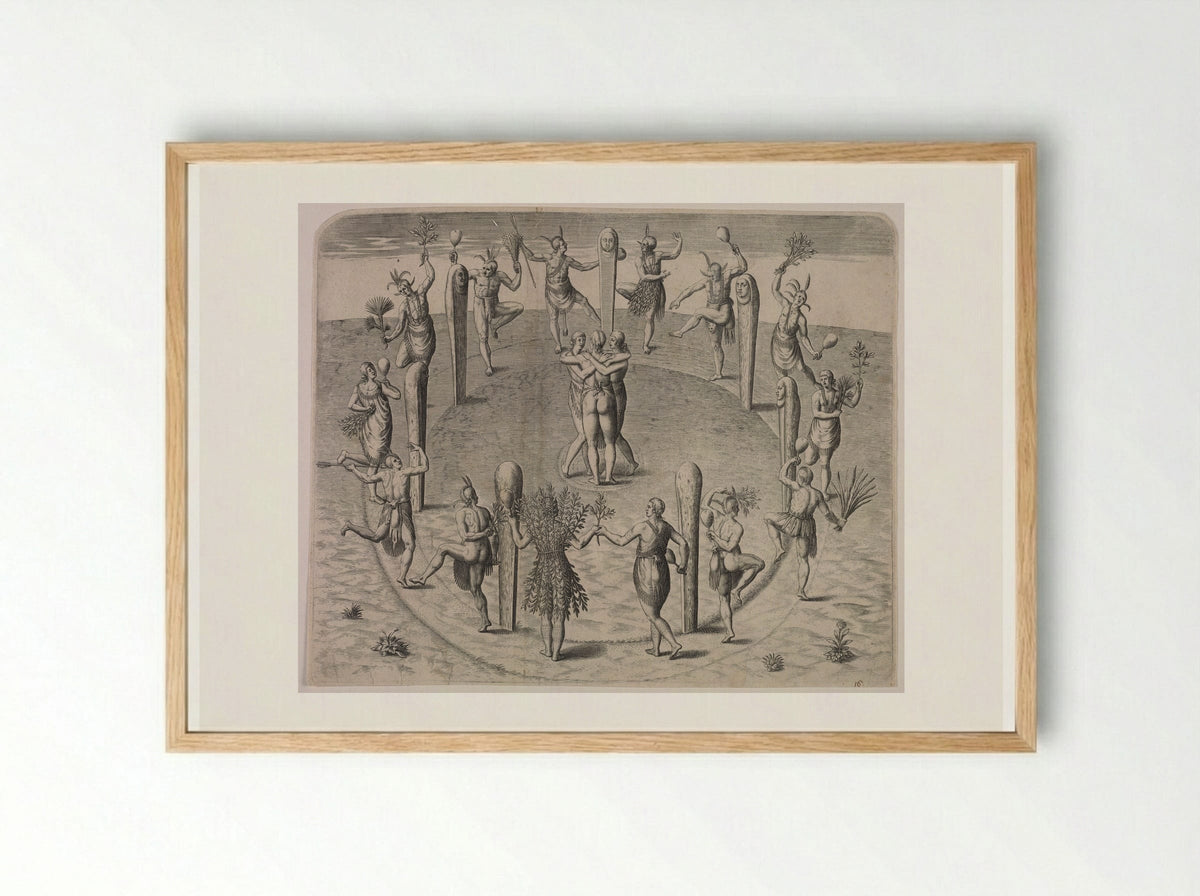 Festival Dance of the Virginians - Theodor de Bry - Framed Print Wood