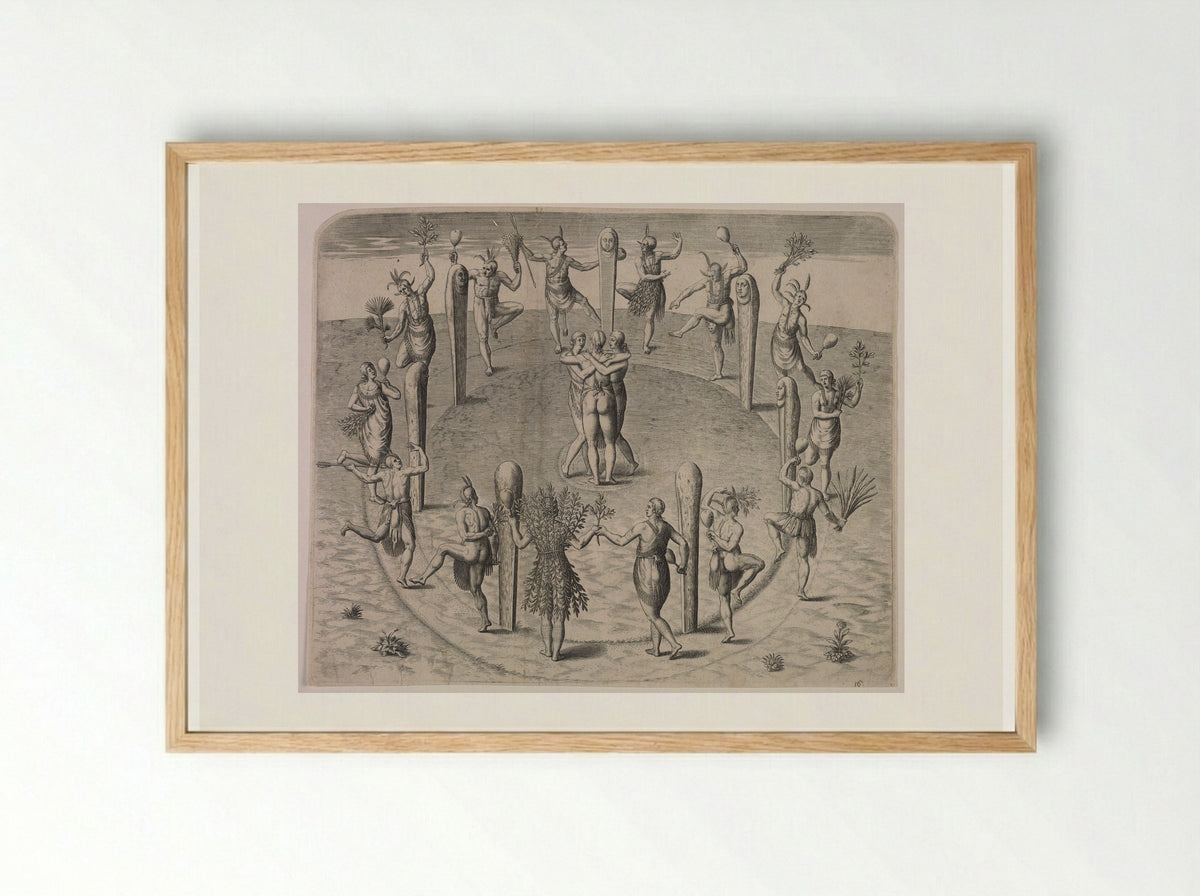 Festival Dance of the Virginians - Theodor de Bry - Framed Print Wood
