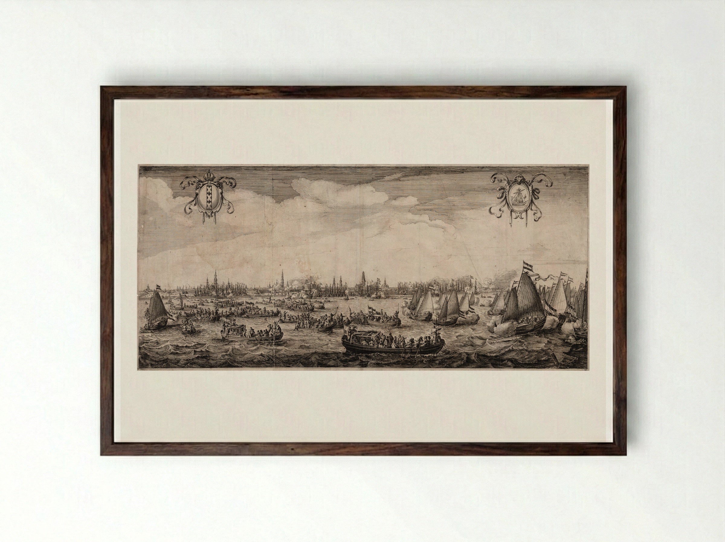 Festive Procession of Ships Before Amsterdam - Salomon Savery - Framed Print Dark Wood