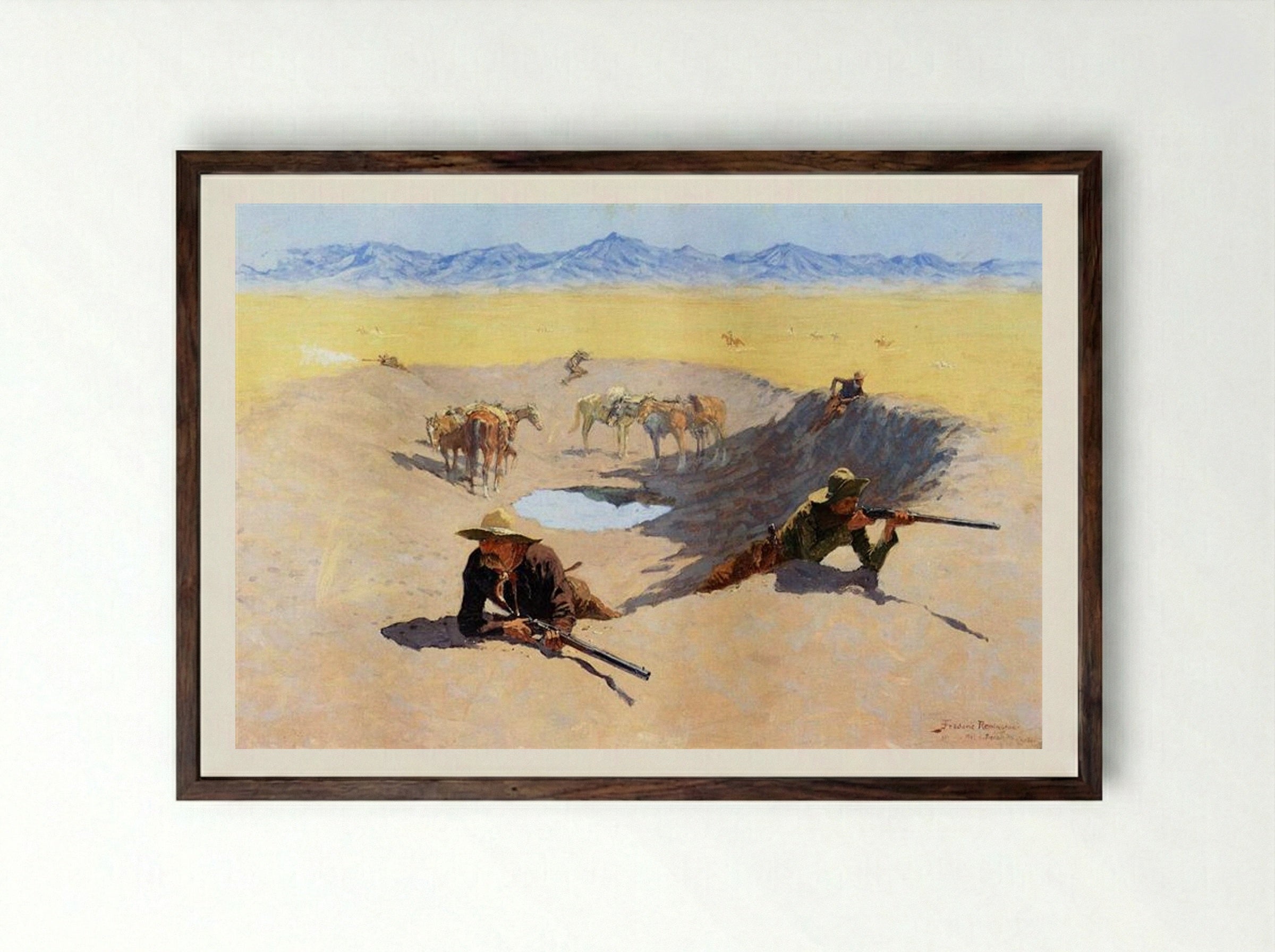 Fight for the Water Hole - Frederic Remington - Framed Print Dark Wood