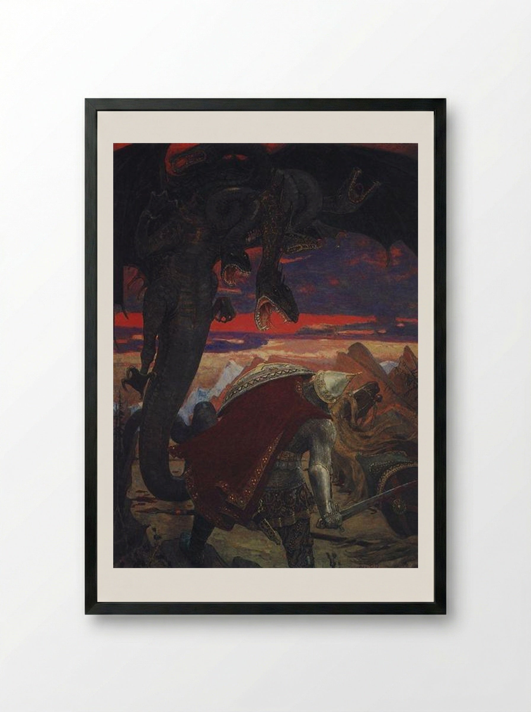 Fight of Dobrynya Nikitich with the Seven-Headed Zmey Gorynych - Viktor Vasnetsov - Framed Print Black
