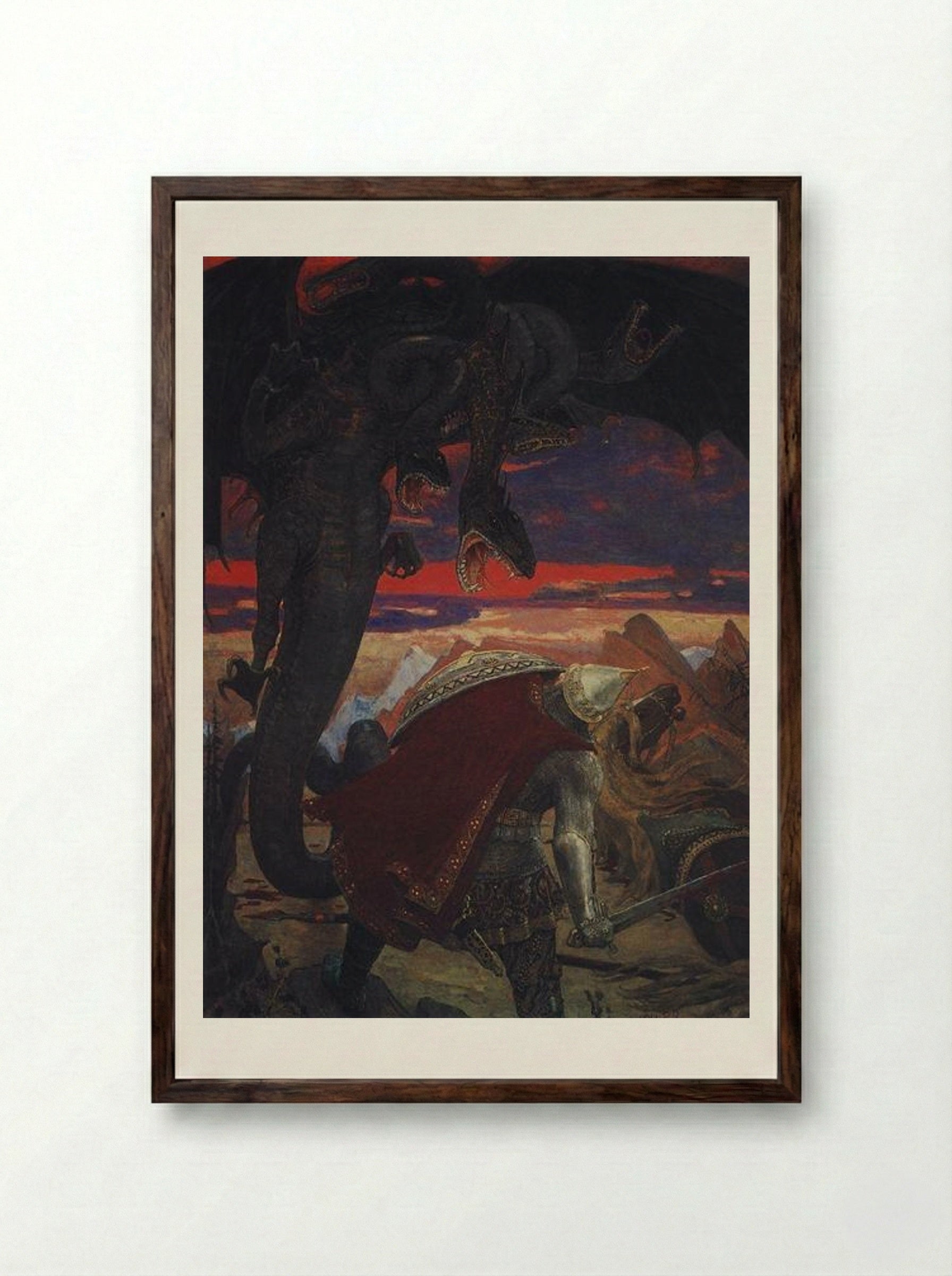 Fight of Dobrynya Nikitich with the Seven-Headed Zmey Gorynych - Viktor Vasnetsov - Framed Print Dark Wood