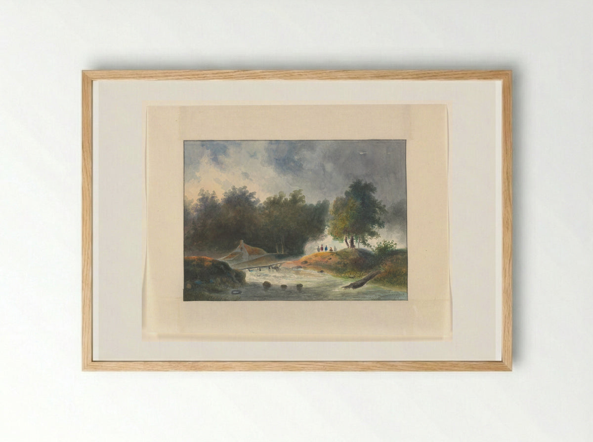 Figuren bij een brug over een rivier - Johannes van Reijn - Framed Print Wood