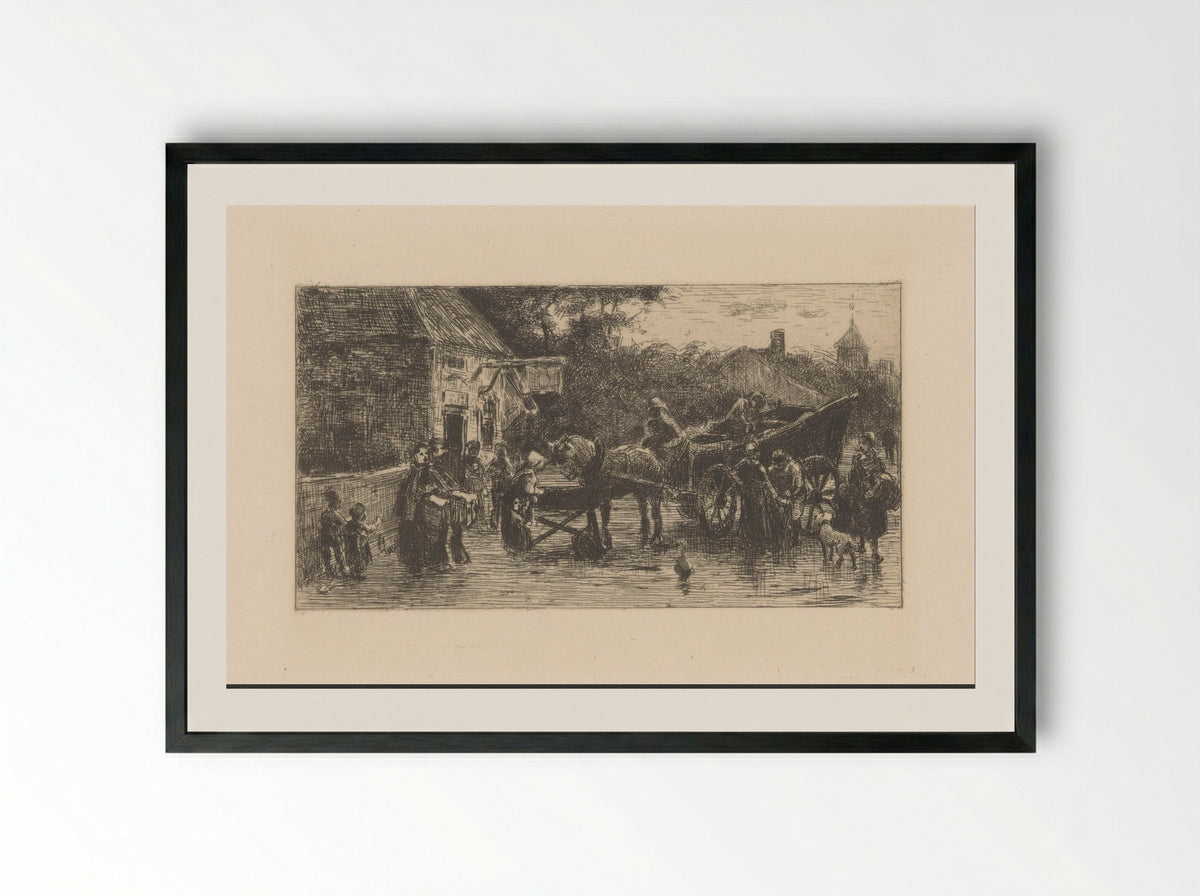 Figuren bij een paardenkoets op straat - Jan de Jong - Framed Print Black