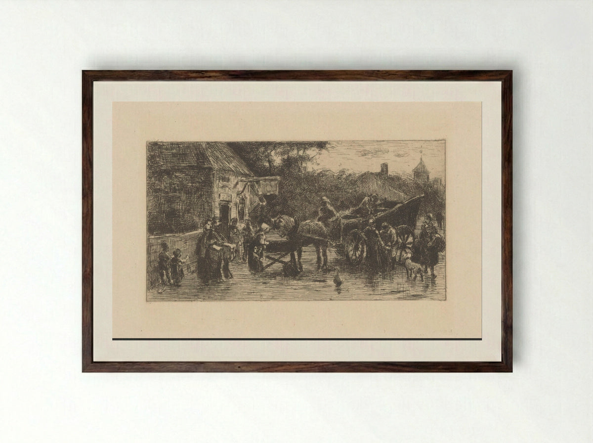 Figuren bij een paardenkoets op straat - Jan de Jong - Framed Print Dark Wood
