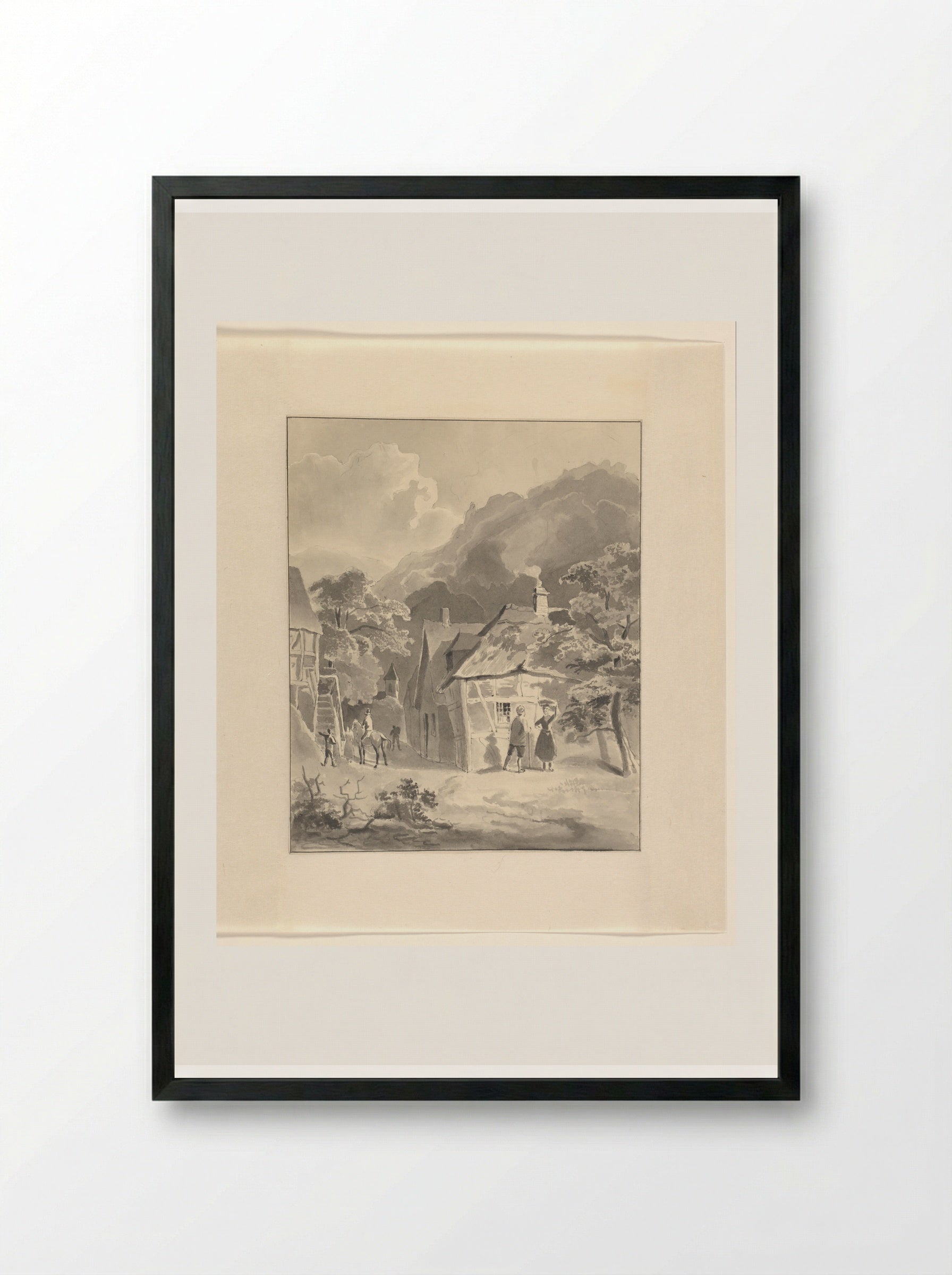 Figuren in een dorp in een berglandschap - Johannes van Reijn - Framed Print Black