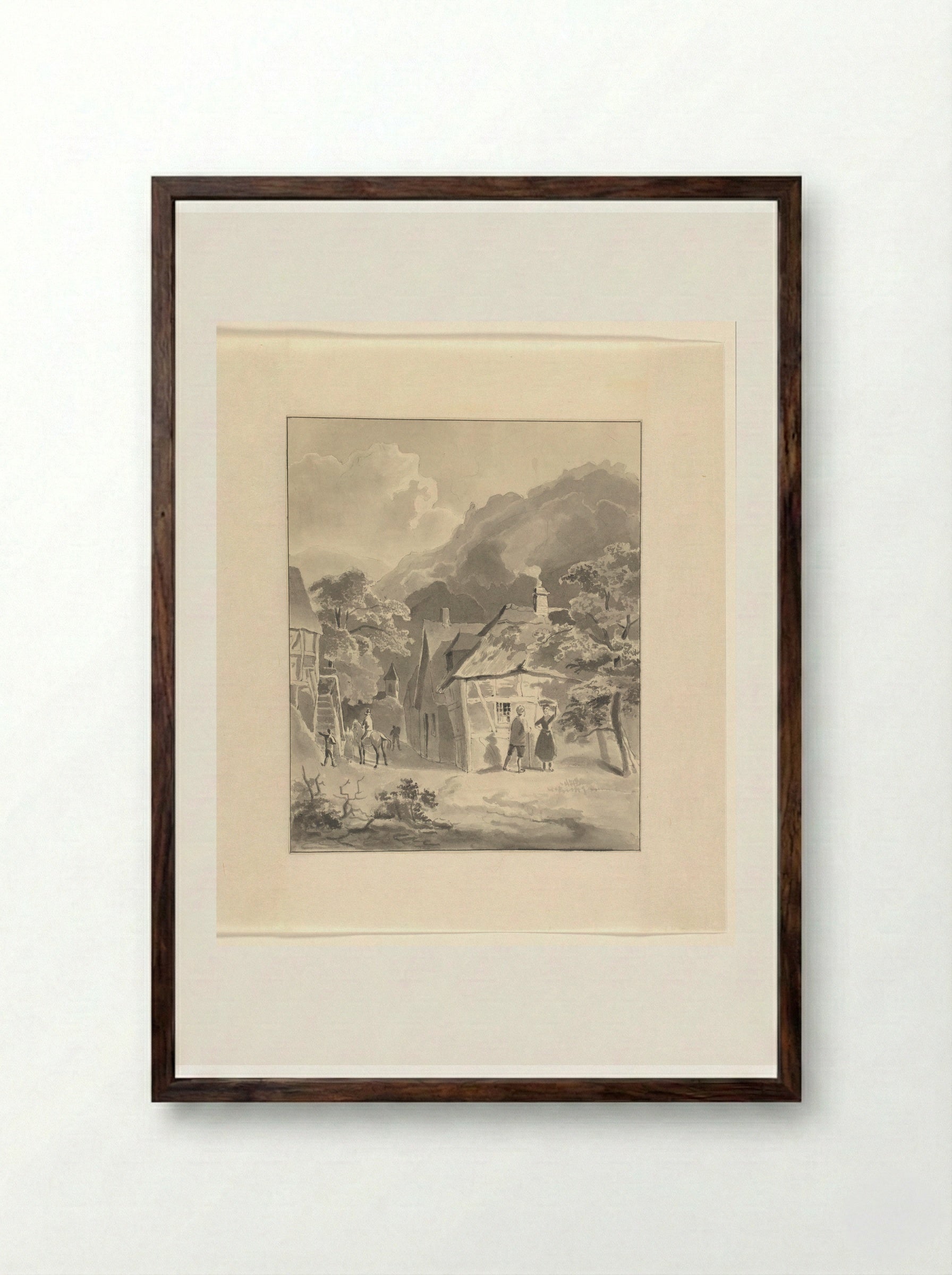 Figuren in een dorp in een berglandschap - Johannes van Reijn - Framed Print Dark Wood