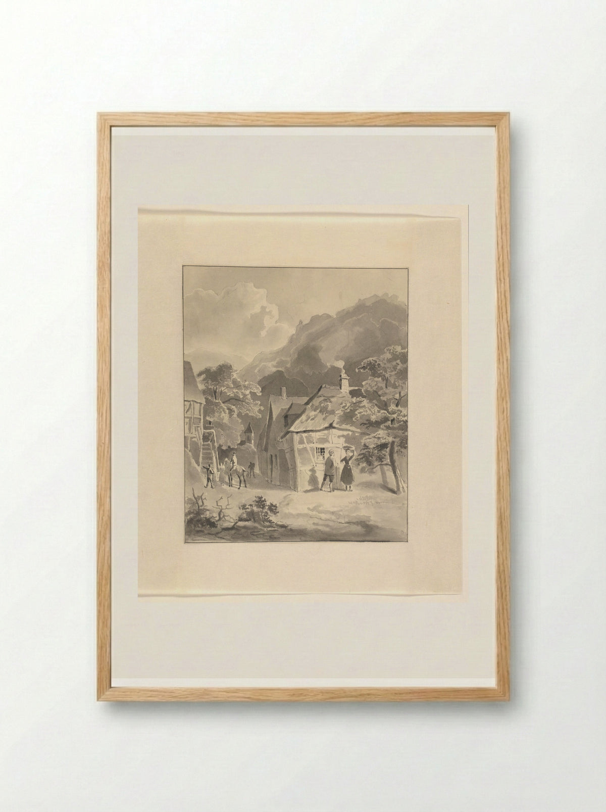 Figuren in een dorp in een berglandschap - Johannes van Reijn - Framed Print Wood