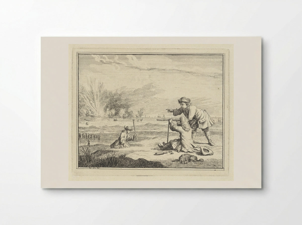 Figuren met een verrekijker slaan een zeeslag gade - Vincent Laurensz. van der Vinne (II) - Poster