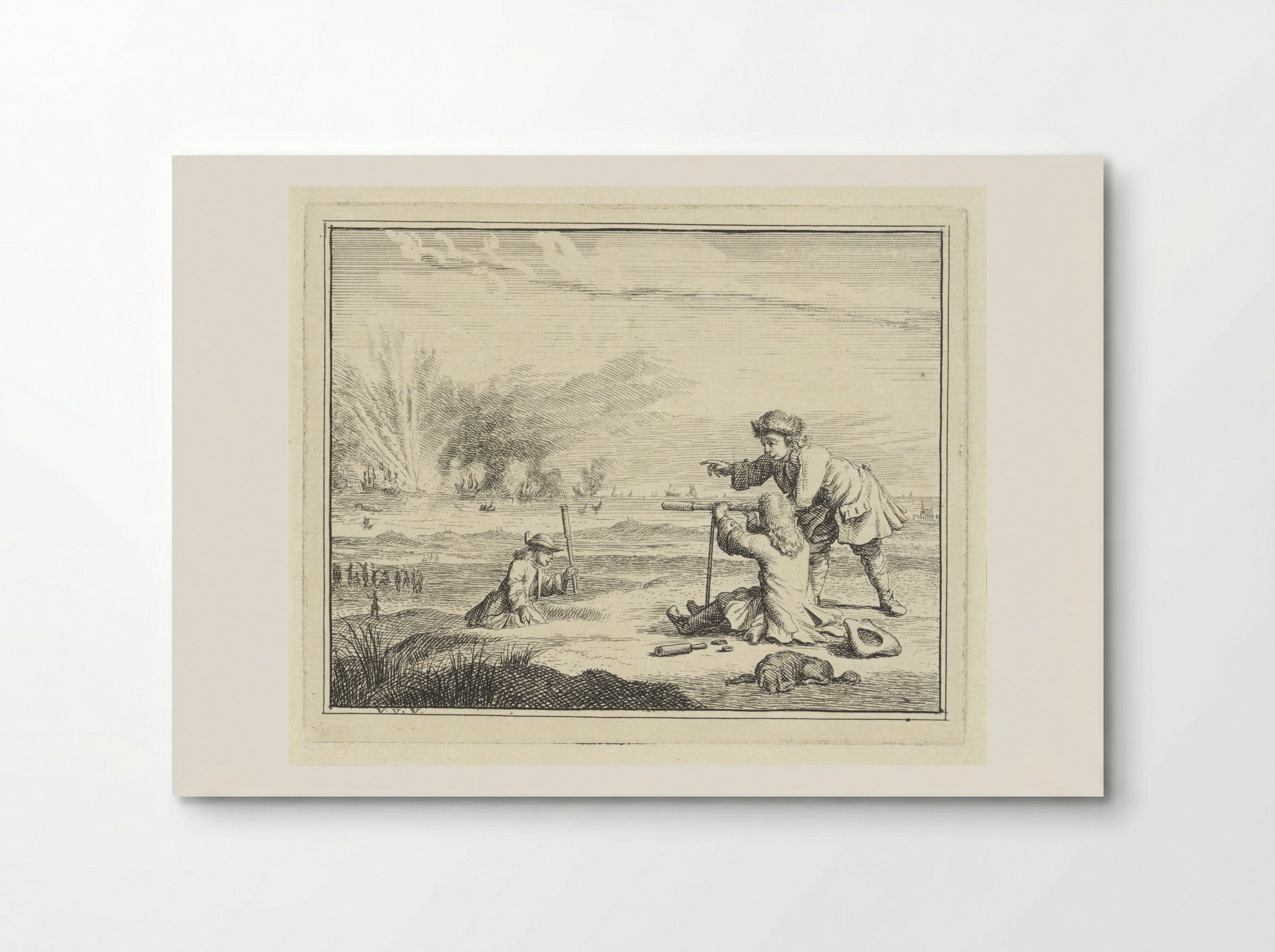Figuren met een verrekijker slaan een zeeslag gade - Vincent Laurensz. van der Vinne (II) - Poster