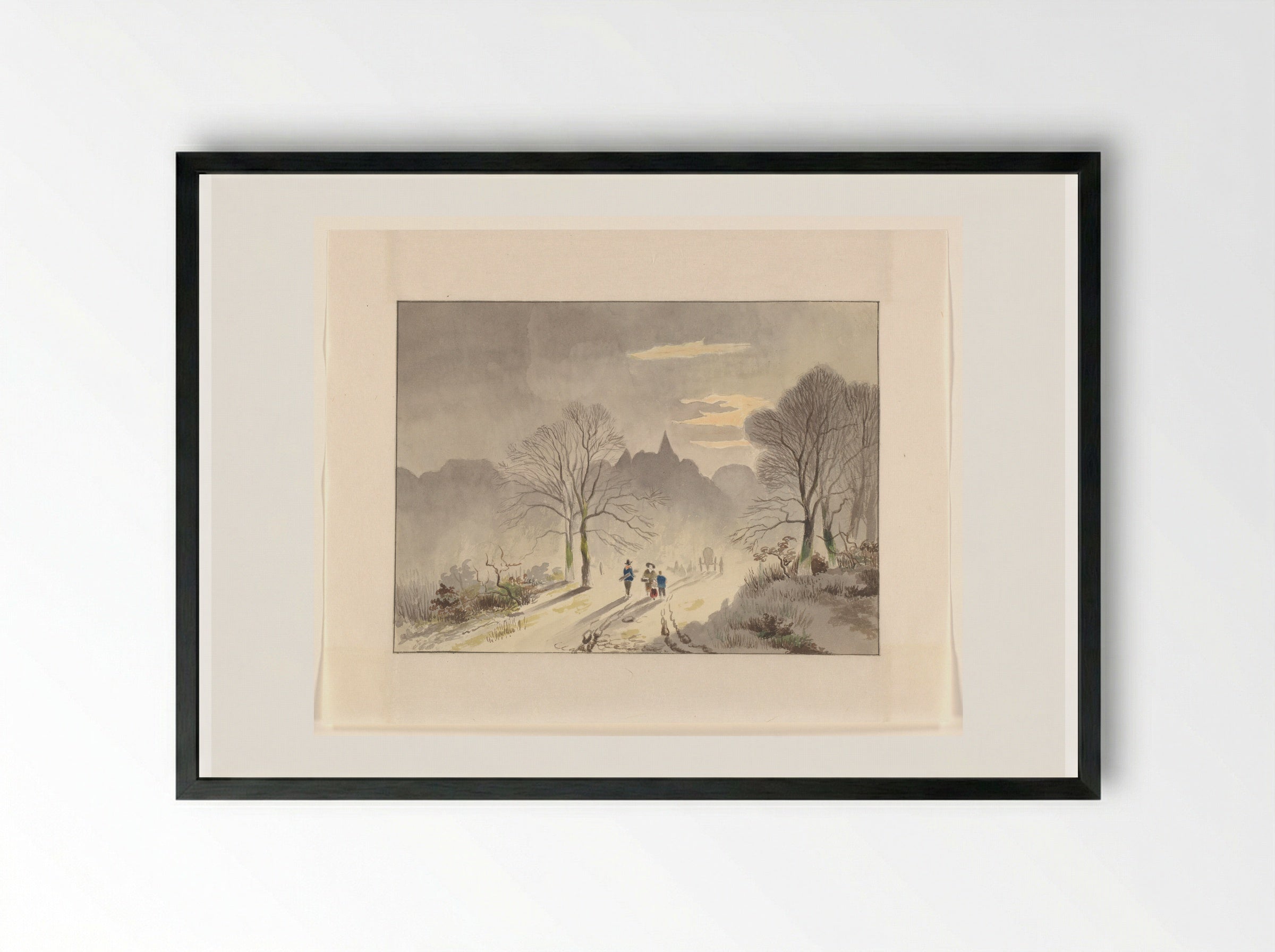 Figuren op een landweg in een winterlandschap - Johannes van Reijn - Framed Print Black