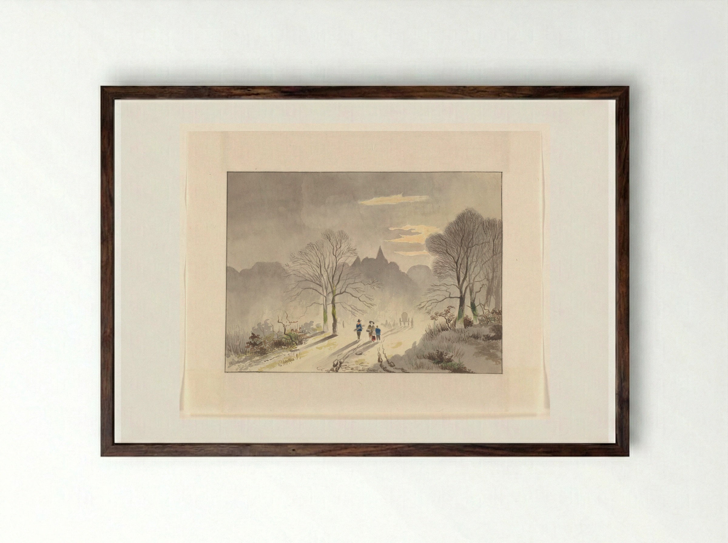 Figuren op een landweg in een winterlandschap - Johannes van Reijn - Framed Print Dark Wood