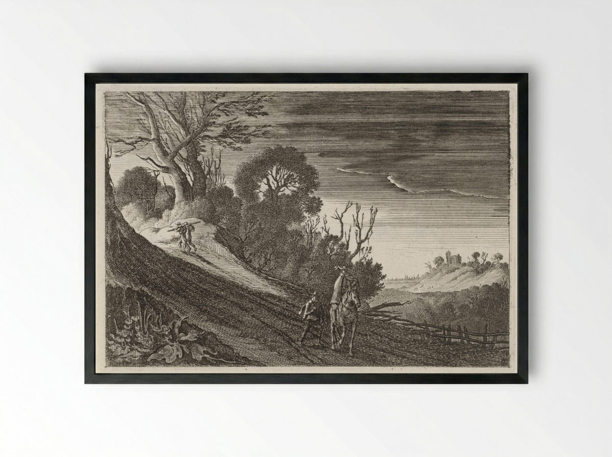Figuren op een pad bij schemering - Gillis van Scheyndel (I) - Framed Print Black