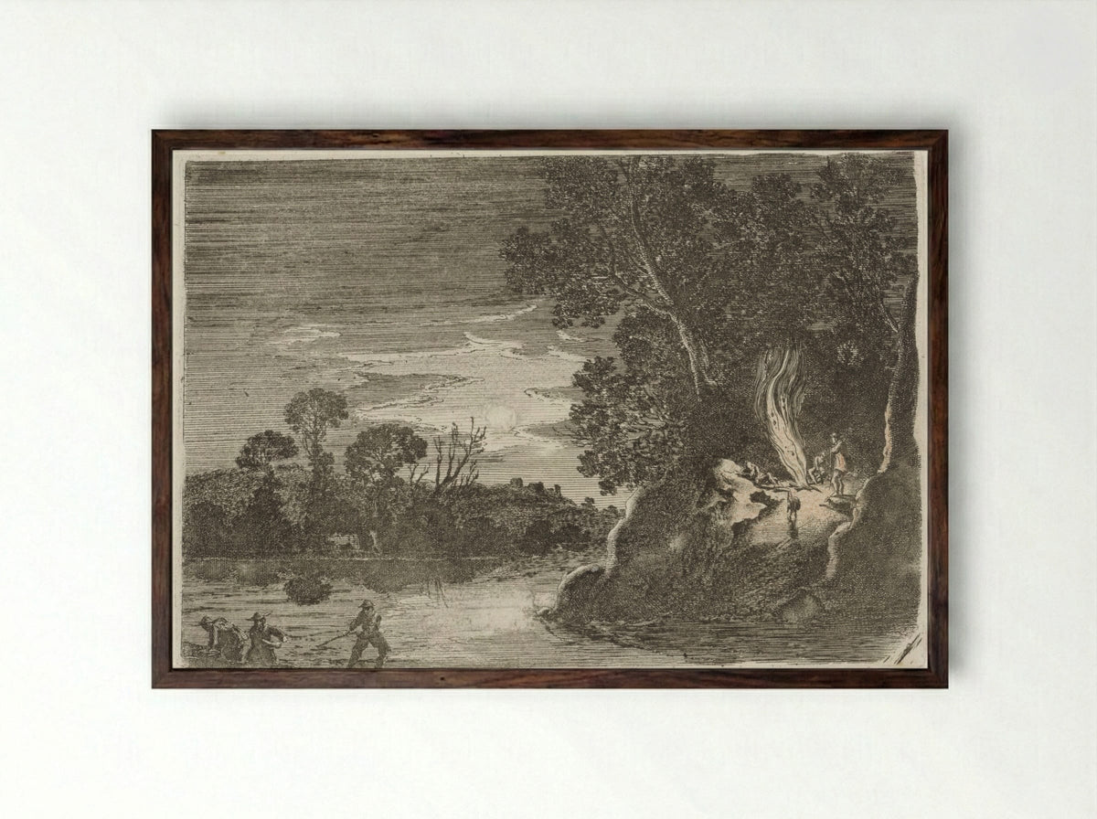 Figuren rond een kampvuur - Gillis van Scheyndel (I) - Framed Print Dark Wood