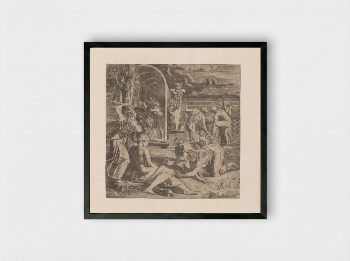 Figures Tending a Garden with a Statue of Priapus - Léon Davent - Framed Print Black