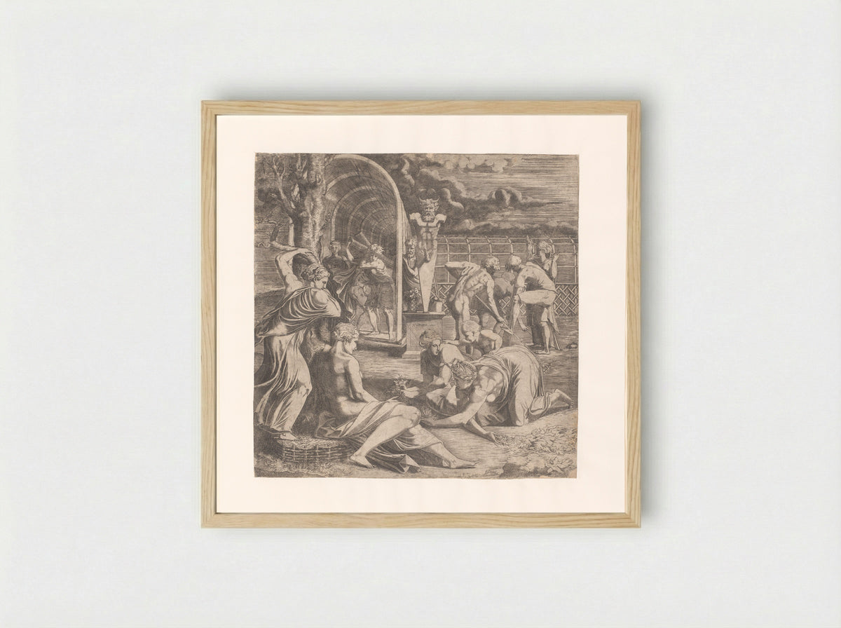 Figures Tending a Garden with a Statue of Priapus - Léon Davent - Framed Print Wood