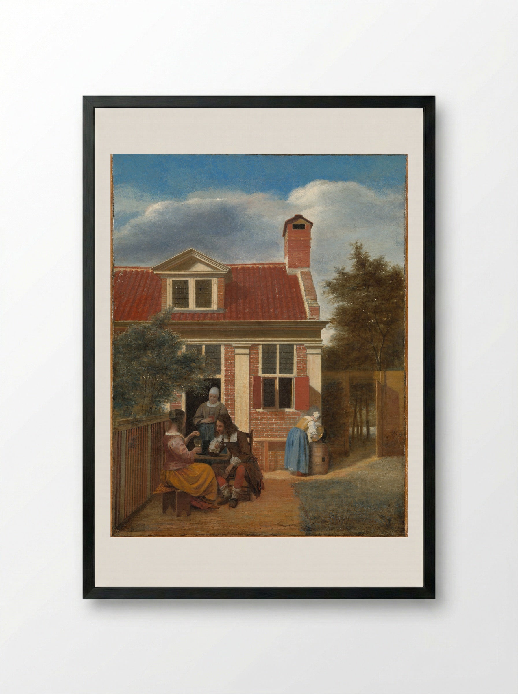 Figures in a Courtyard behind a House - Pieter de Hooch - Framed Print Black