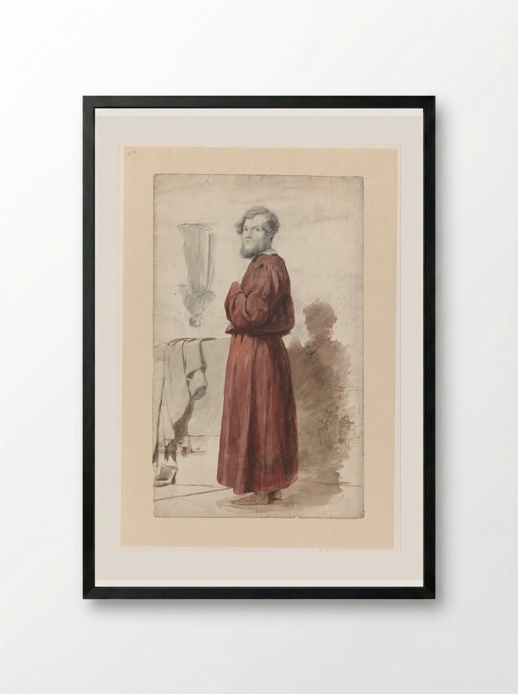 Figuurstudies met een staande man in rode kamerjas - Jan Weissenbruch - Framed Print Black