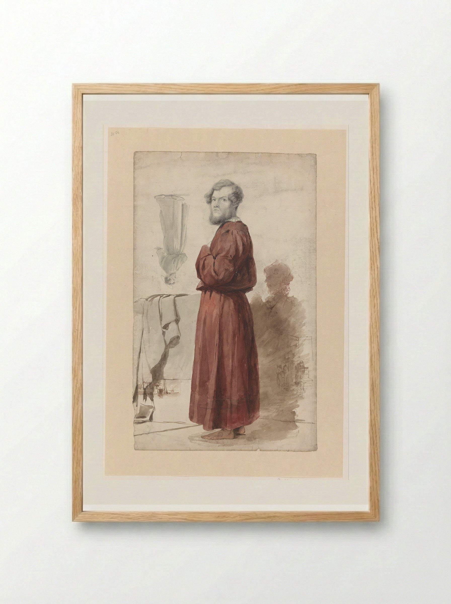 Figuurstudies met een staande man in rode kamerjas - Jan Weissenbruch - Framed Print Wood