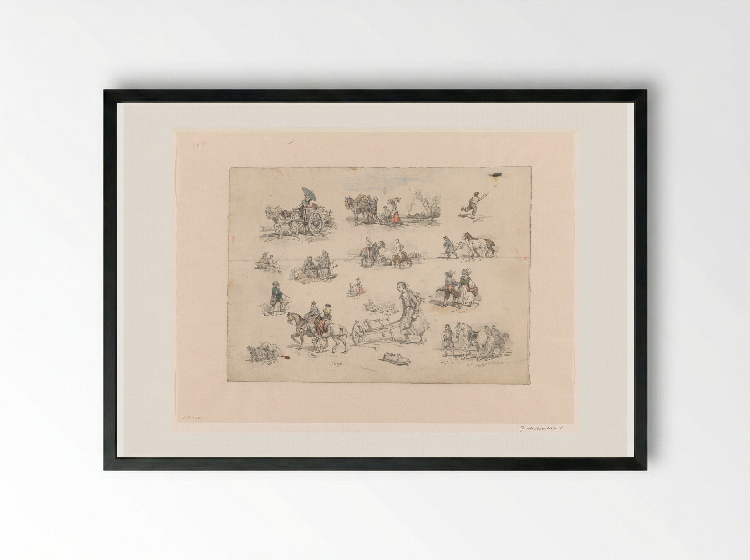 Figuurstudies met paarden en wagens - Jan Weissenbruch - Framed Print Black