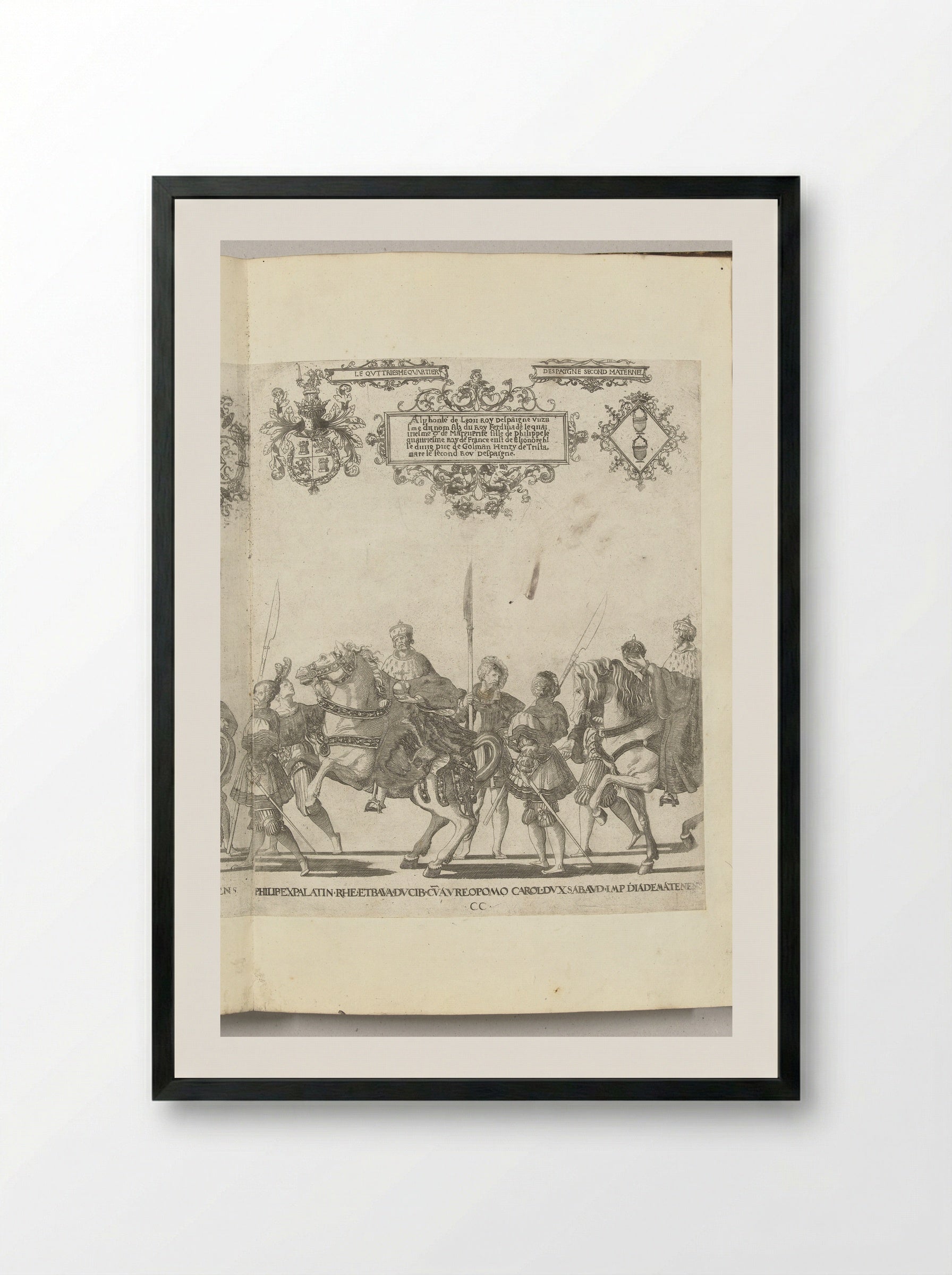 Filips, paltsgraaf en hertog van Beieren, met de rijksappel en Karel III, hertog van Savoye, met de keizerskroon, plaat CC - Nicolaas Hogenberg - Framed Print Black