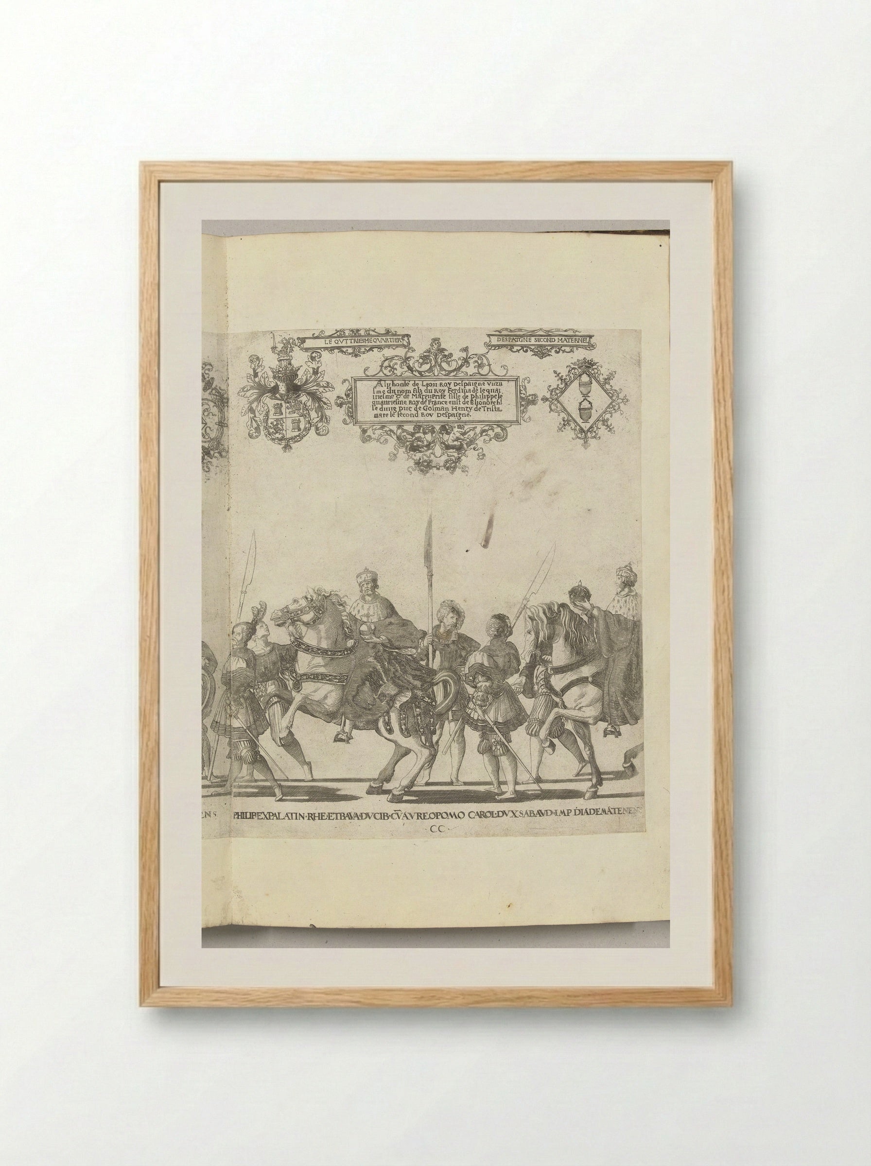 Filips, paltsgraaf en hertog van Beieren, met de rijksappel en Karel III, hertog van Savoye, met de keizerskroon, plaat CC - Nicolaas Hogenberg - Framed Print Wood