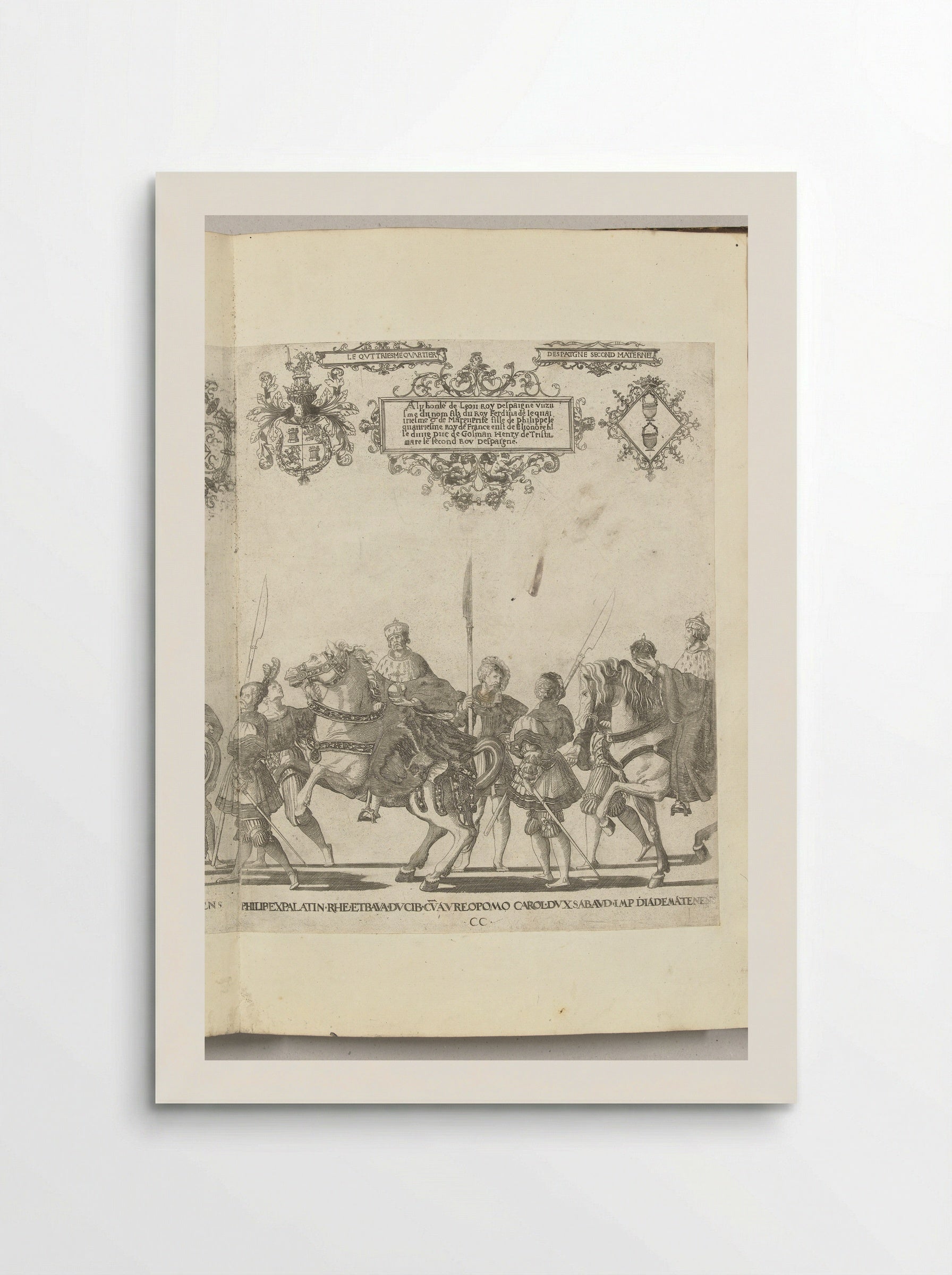 Filips, paltsgraaf en hertog van Beieren, met de rijksappel en Karel III, hertog van Savoye, met de keizerskroon, plaat CC - Nicolaas Hogenberg - Poster