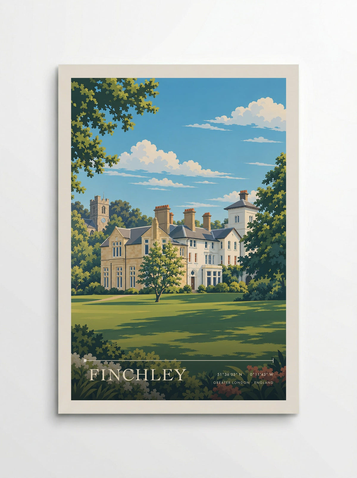 Finchley, Greater London travel poster: pale gabled buildings, tall chimneys and a distant church tower beyond a green lawn and flowering garden borde